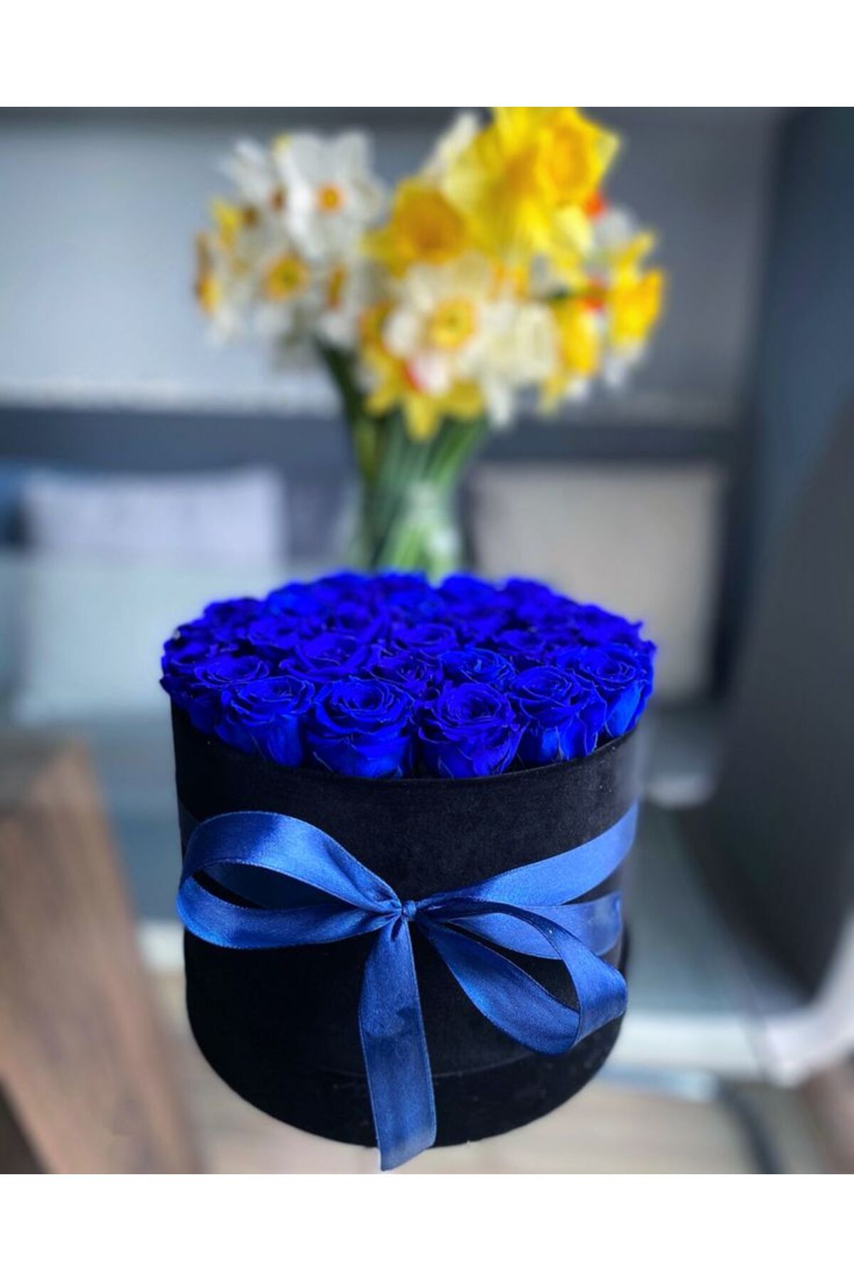 MSDA 🌹Lxury Mavi Gül 🌹 Siyah Silindir Kutu