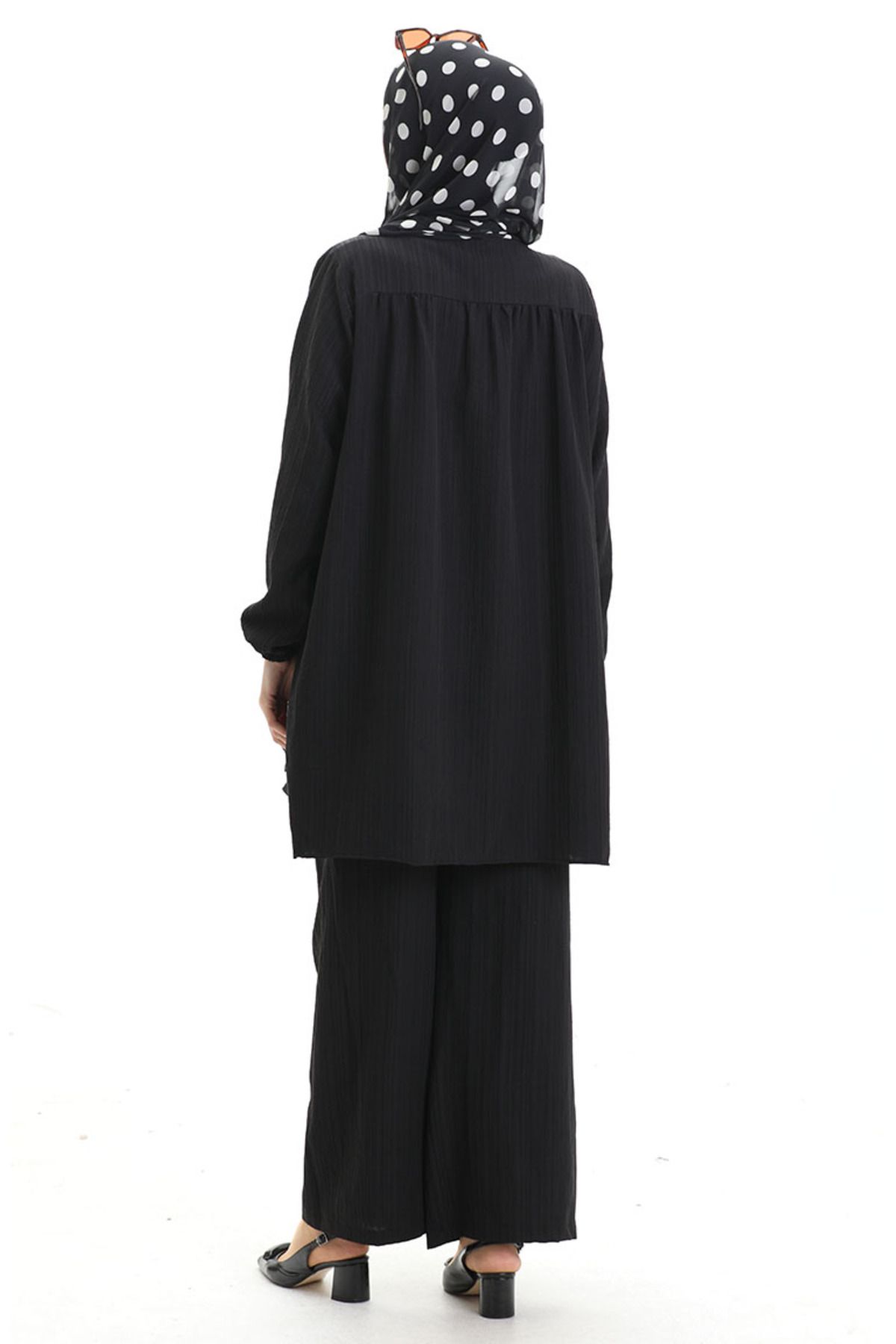 sefamerve-Tunic Trousers with Elastic Sleeves Double Set 0103-01 Black 6