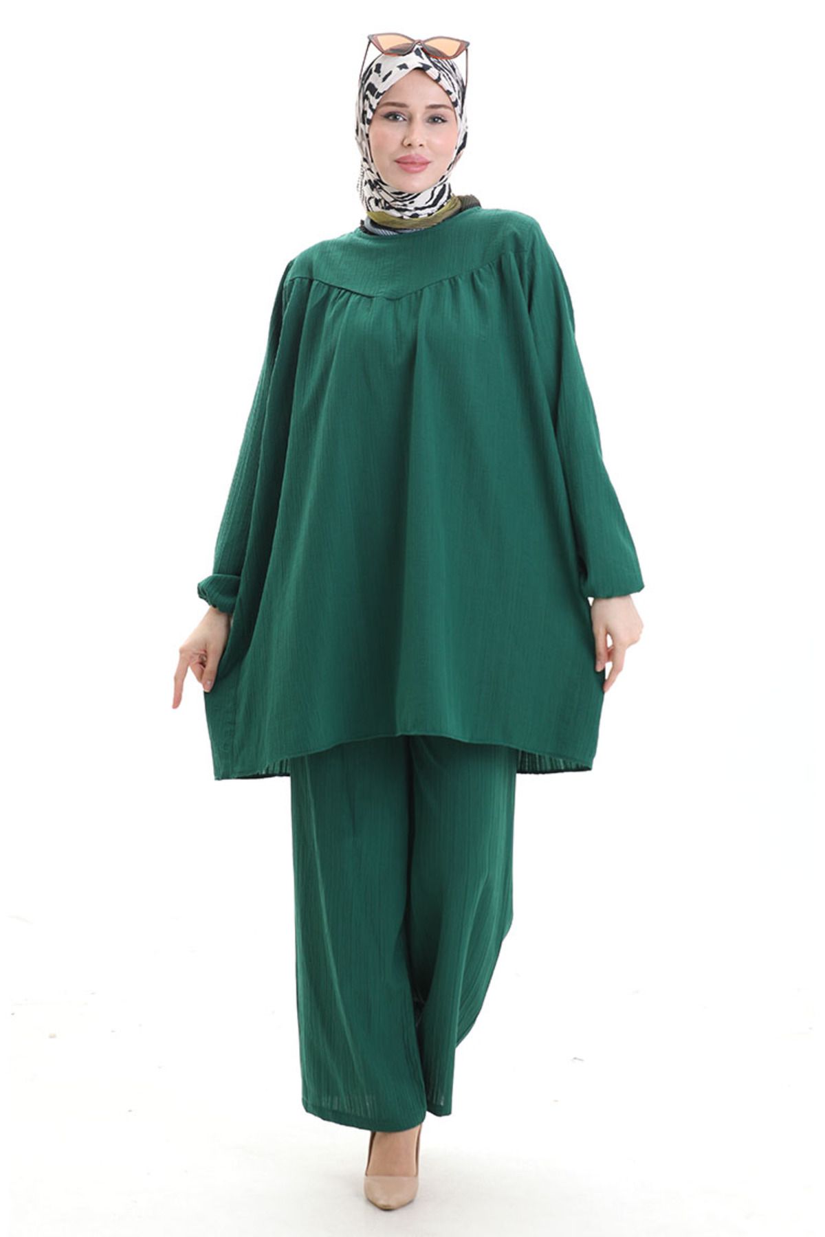 sefamerve-Tunic Trousers with Elastic Sleeves Double Set 0103-03 Emerald Green 1