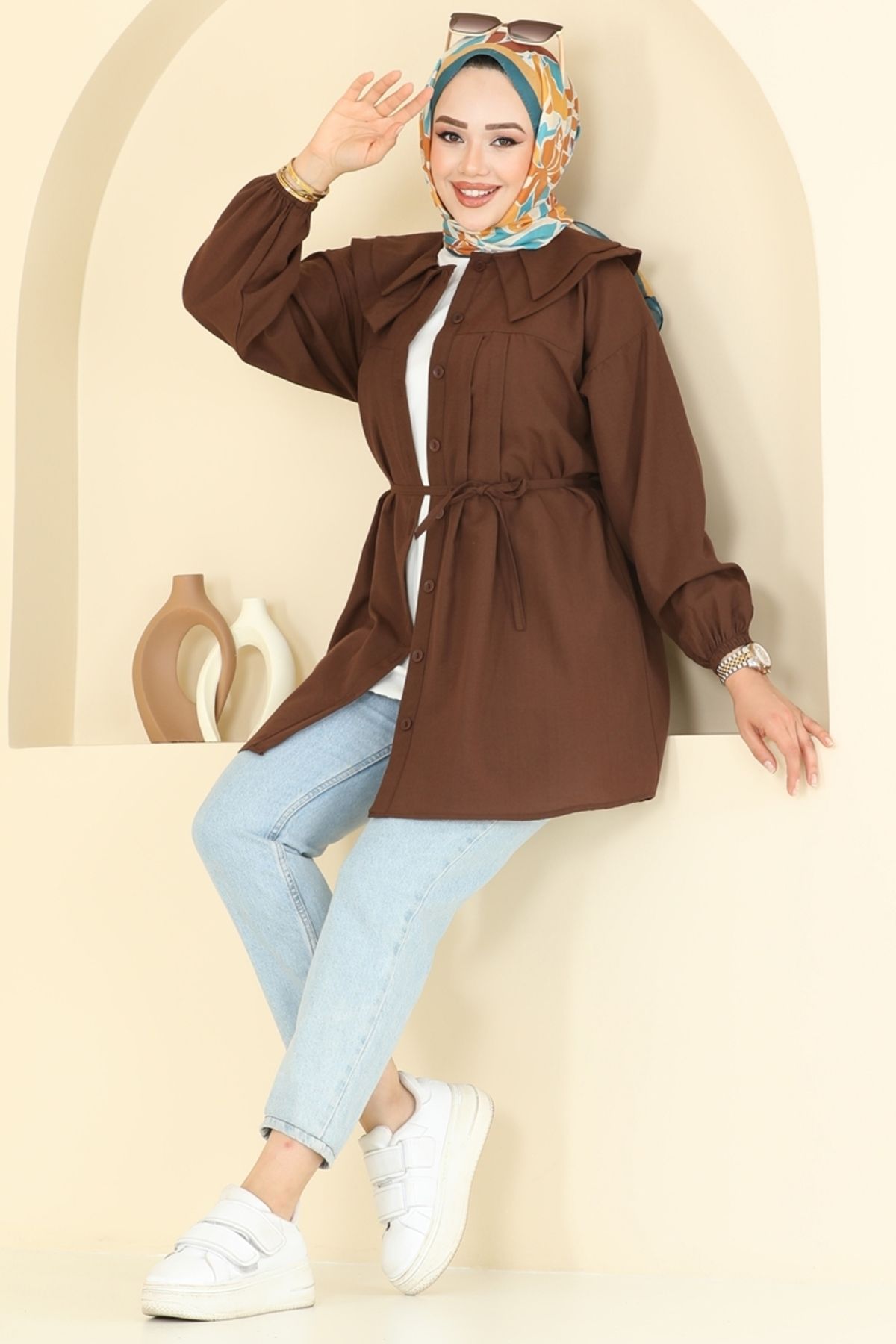 Modaselvim Bebe Yaka Tesettür Tunik 228ASN888 Kahve