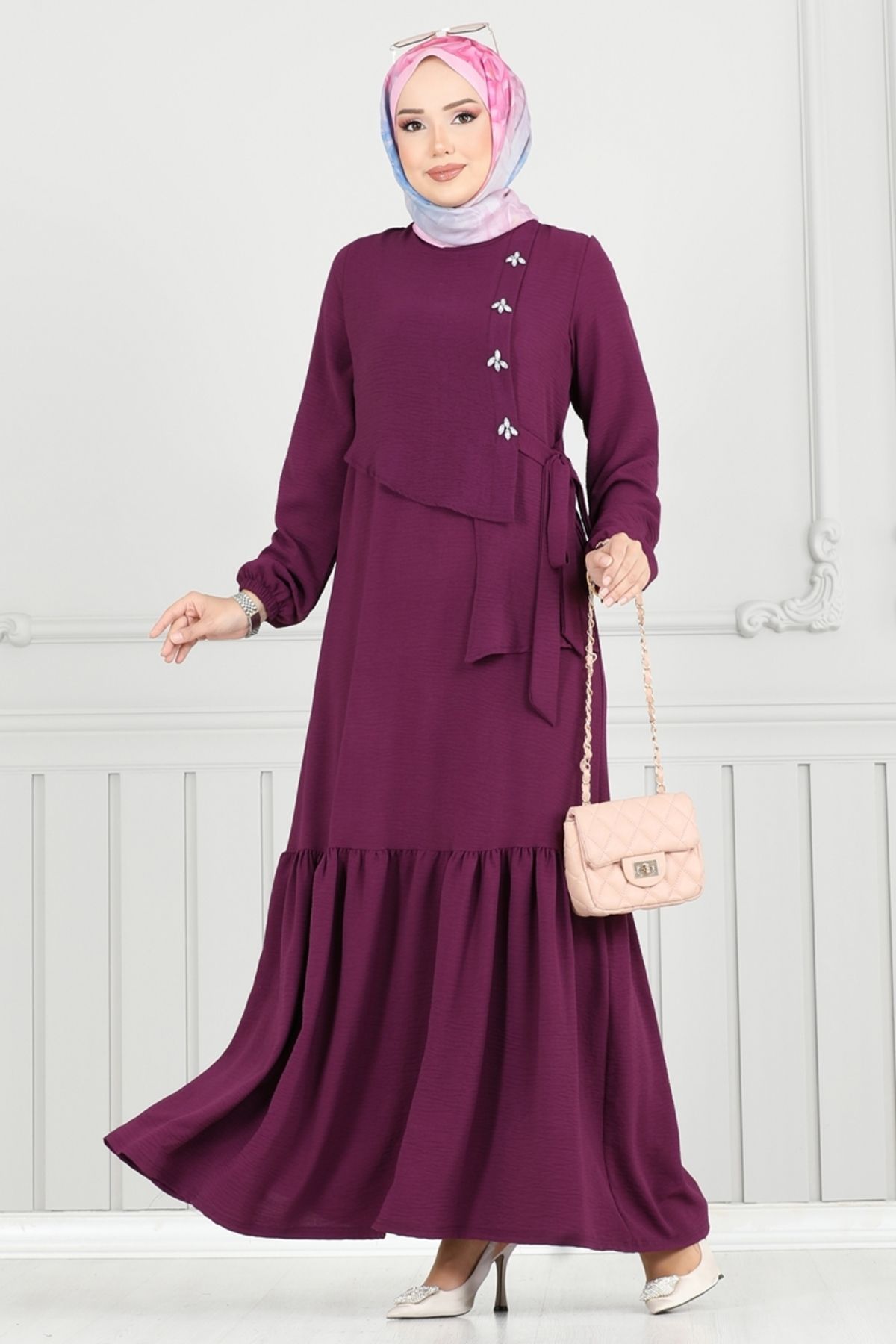 Modaselvim Önü Taşlı Tesettür Elbise 2680SL432 Mor