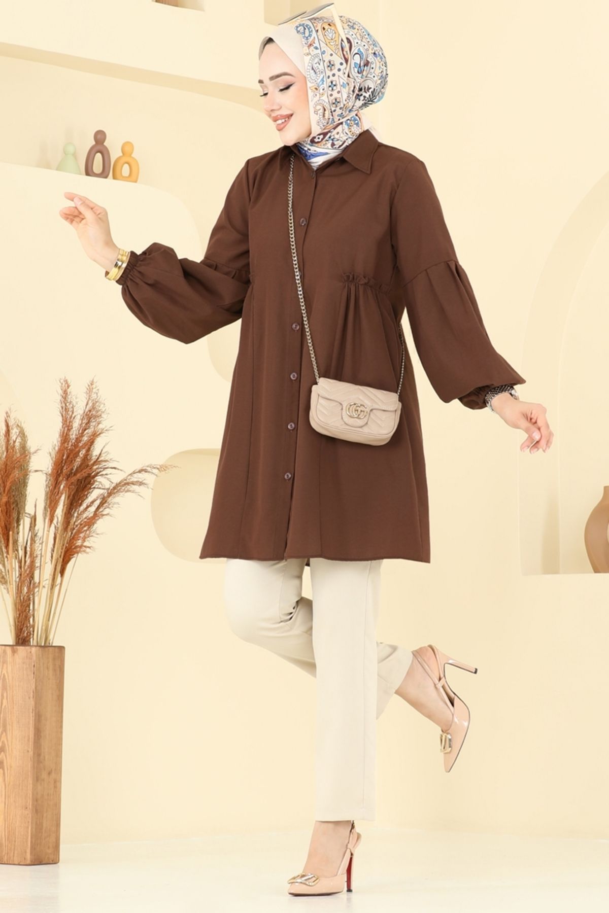 Modaselvim Gömlek Yakalı Tunik 3055KTR750 Kahve