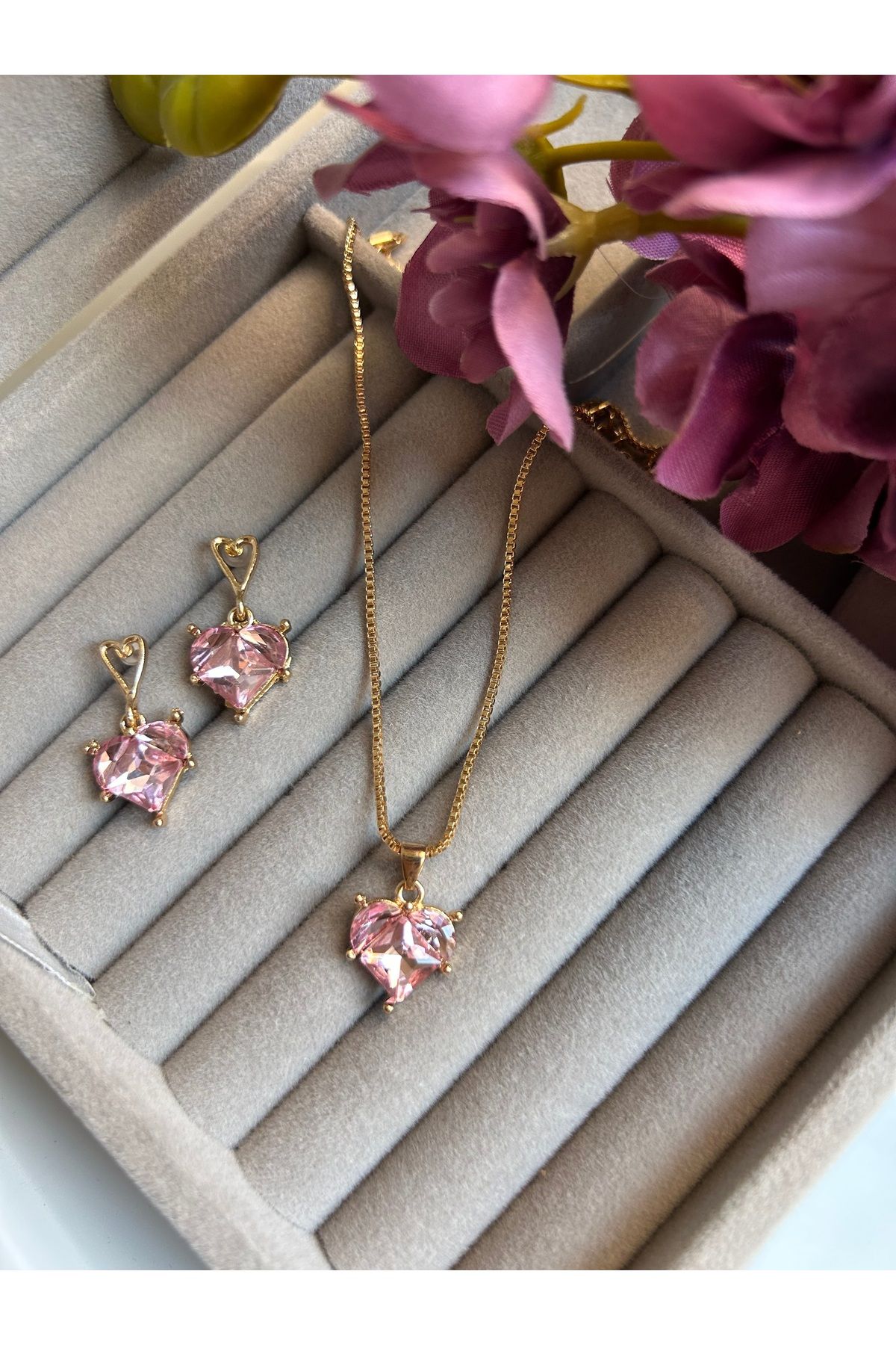 MOONJEWELLERY Çelik Pembe Kalp Kolye Küpe Set