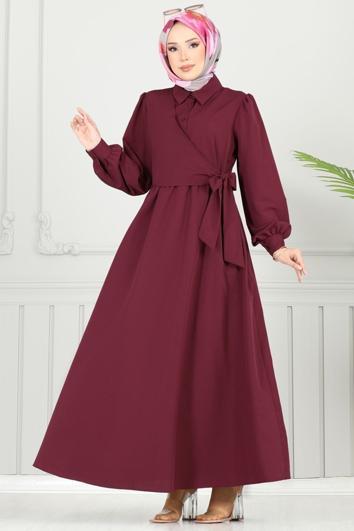 Modaselvim Yandan Bağlamalı Terikoton Elbise 3348CR1136 Bordo