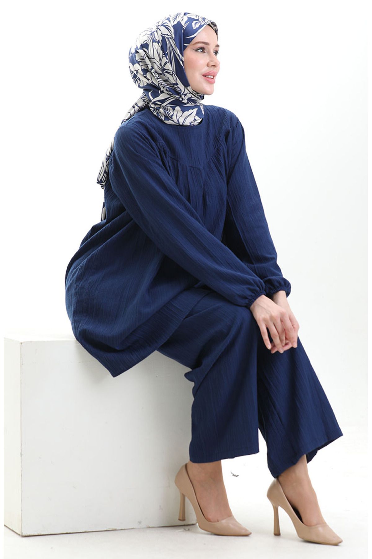 sefamerve-Tunic Trousers with Elastic Sleeves Double Set 0103-04 Indigo 3