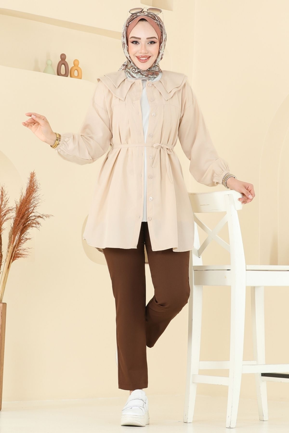 Modaselvim Bebe Yaka Tesettür Tunik 228ASN888 Taş