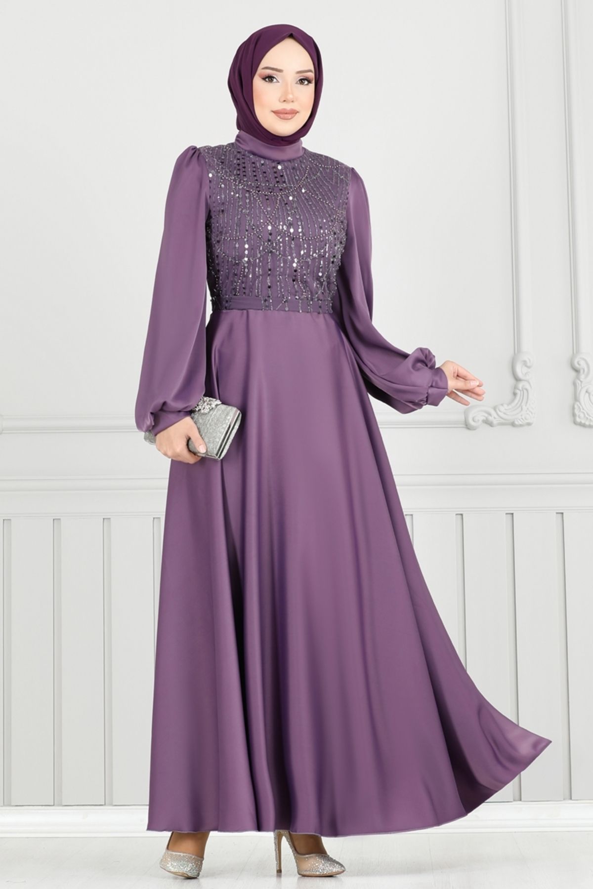 Modaselvim Boncuk İşlemeli Saten Abiye 5691EDF311 Lila