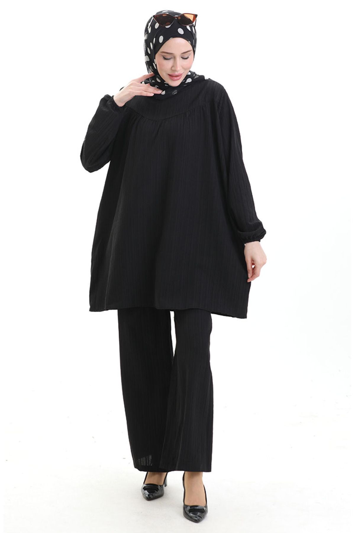 sefamerve-Tunic Trousers with Elastic Sleeves Double Set 0103-01 Black 3