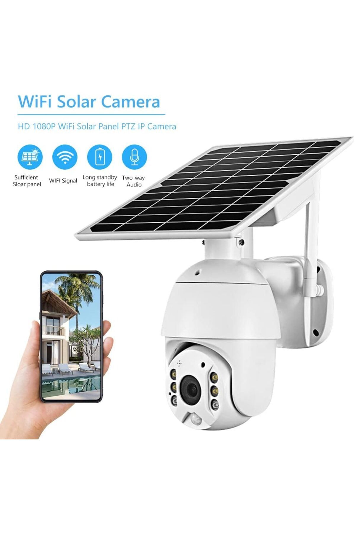 GÜMRÜK BEY 1080p Wifi Solar Şarjlı PTZ Kamera Hareket Kaydı İki Yönlü Ses Gece Görüşü Dahili SD Kart Yuvası