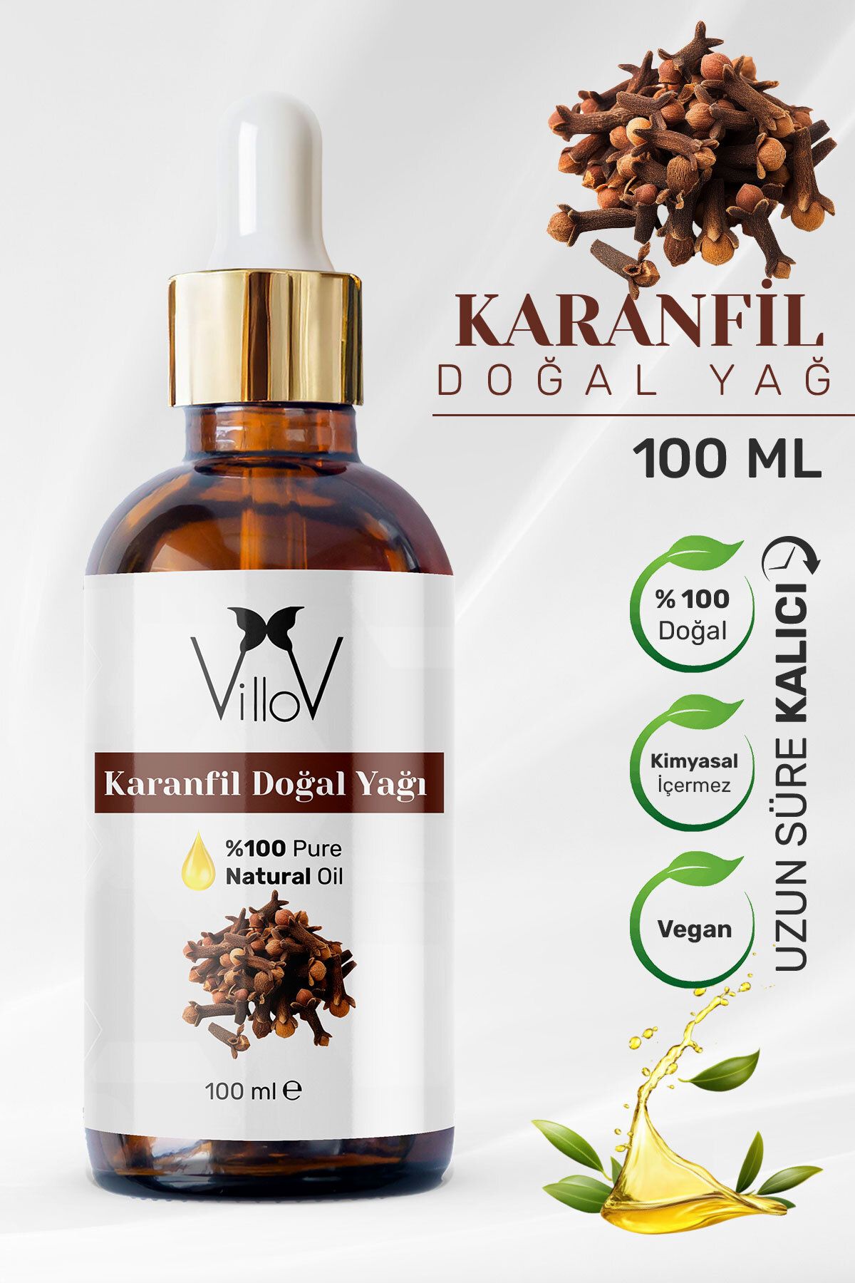 Villov Karanfil Uçucu Yağı Soğuk Sıkım %100 Saf ve Doğal Bitkisel Clove Essential Oil 100ml