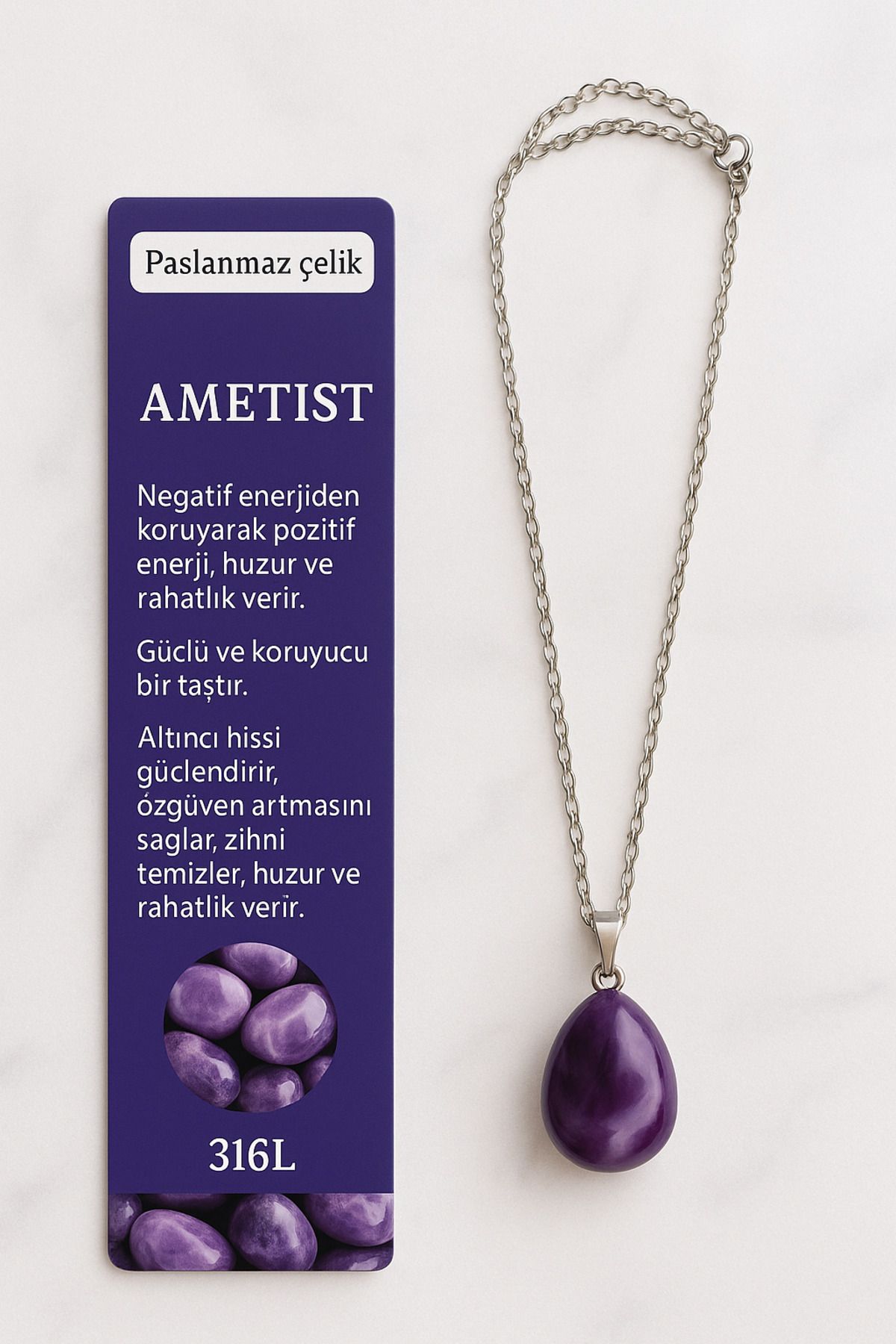 Evoda Life Ametist Doğal Taş Kolye – Huzur Ve Rahatlık Taşı- 316L Paslanmaz Çelik Zincir