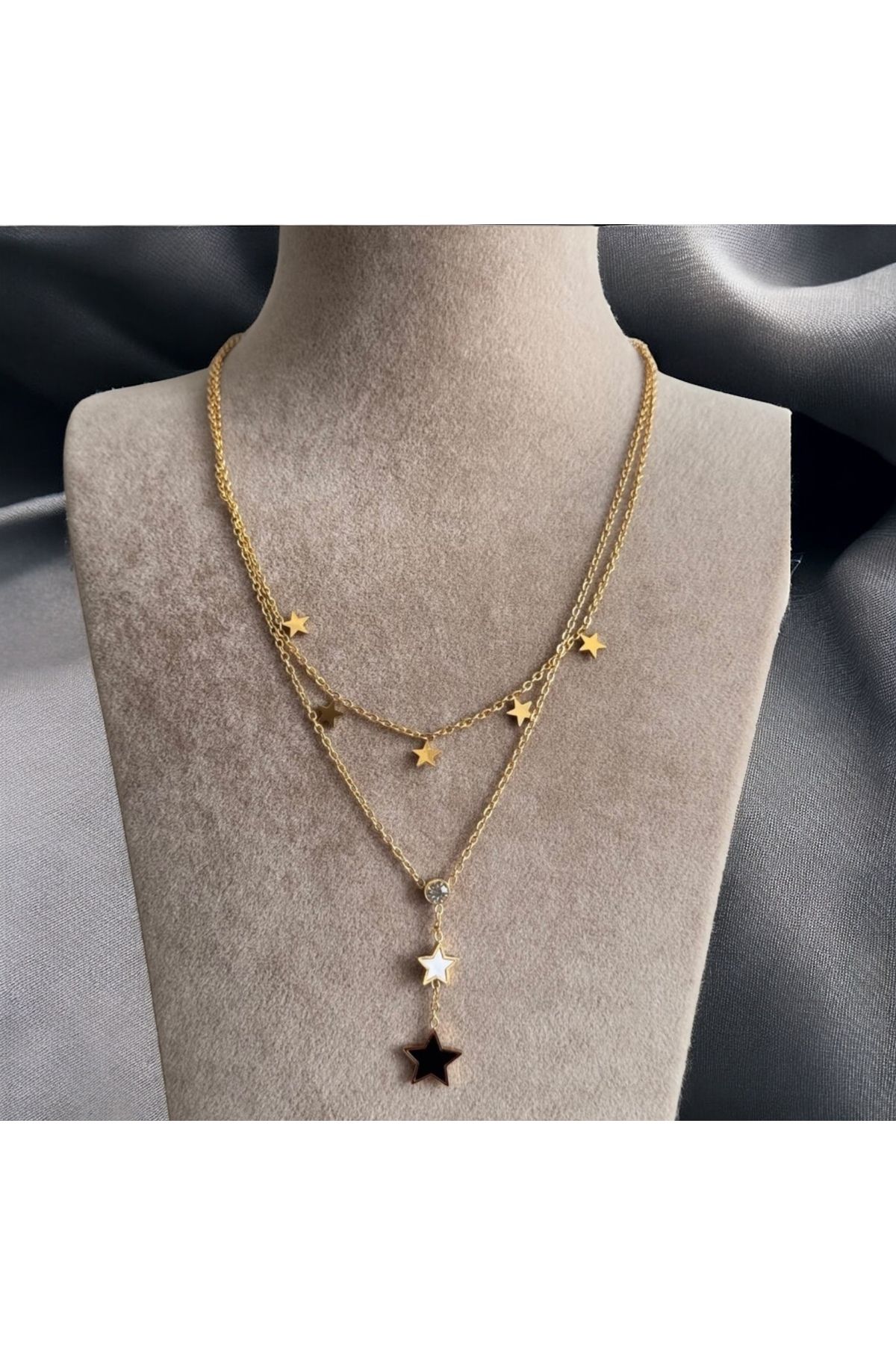 BiVivariShop Gold Çelik Çoklu Kolye - Sallantılı Ye Yıldız Model