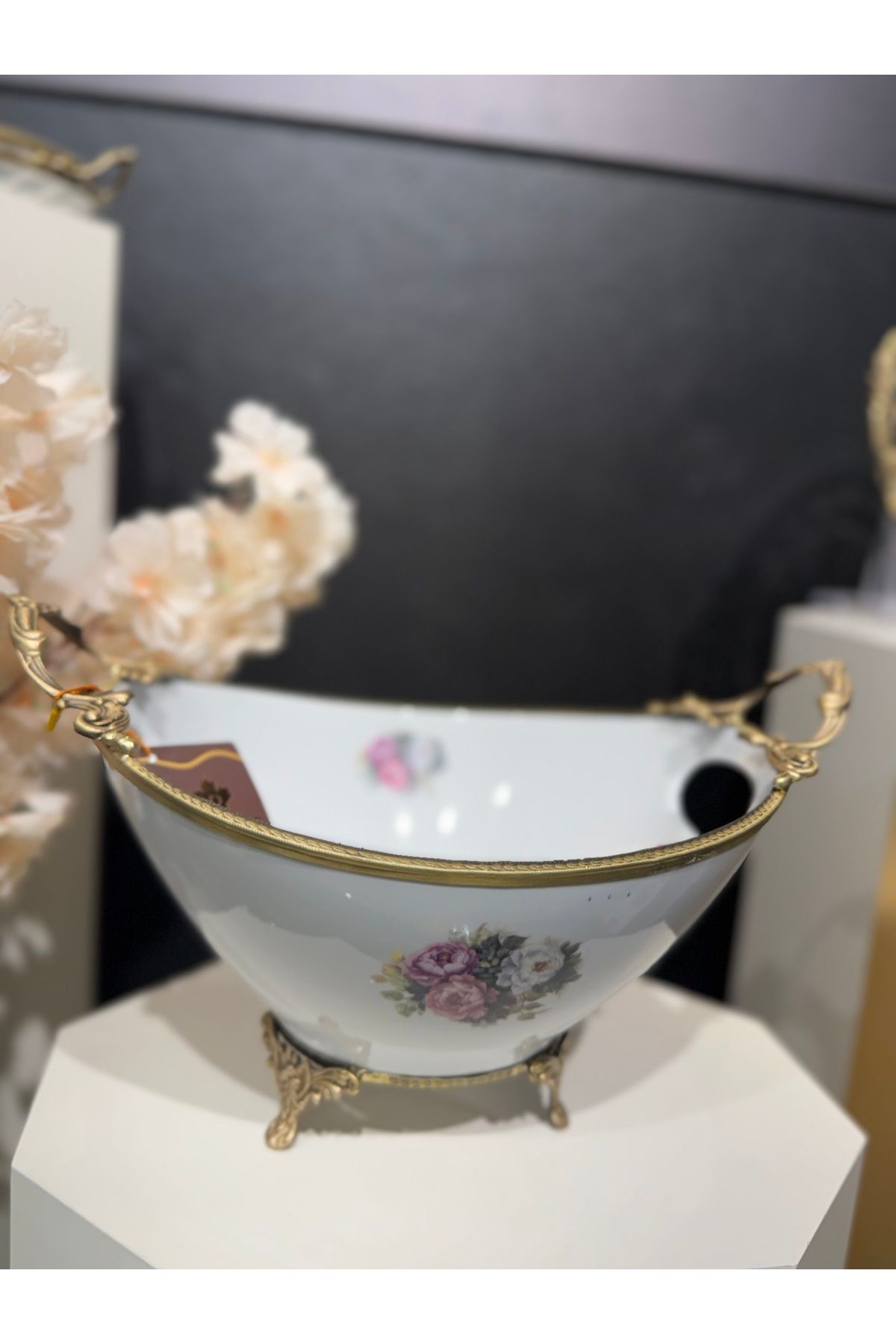 hediye ESTERHOMEDECOR Ayaklı sunum tabağı 36*25*21cm kulplu çiçekli sunumluk