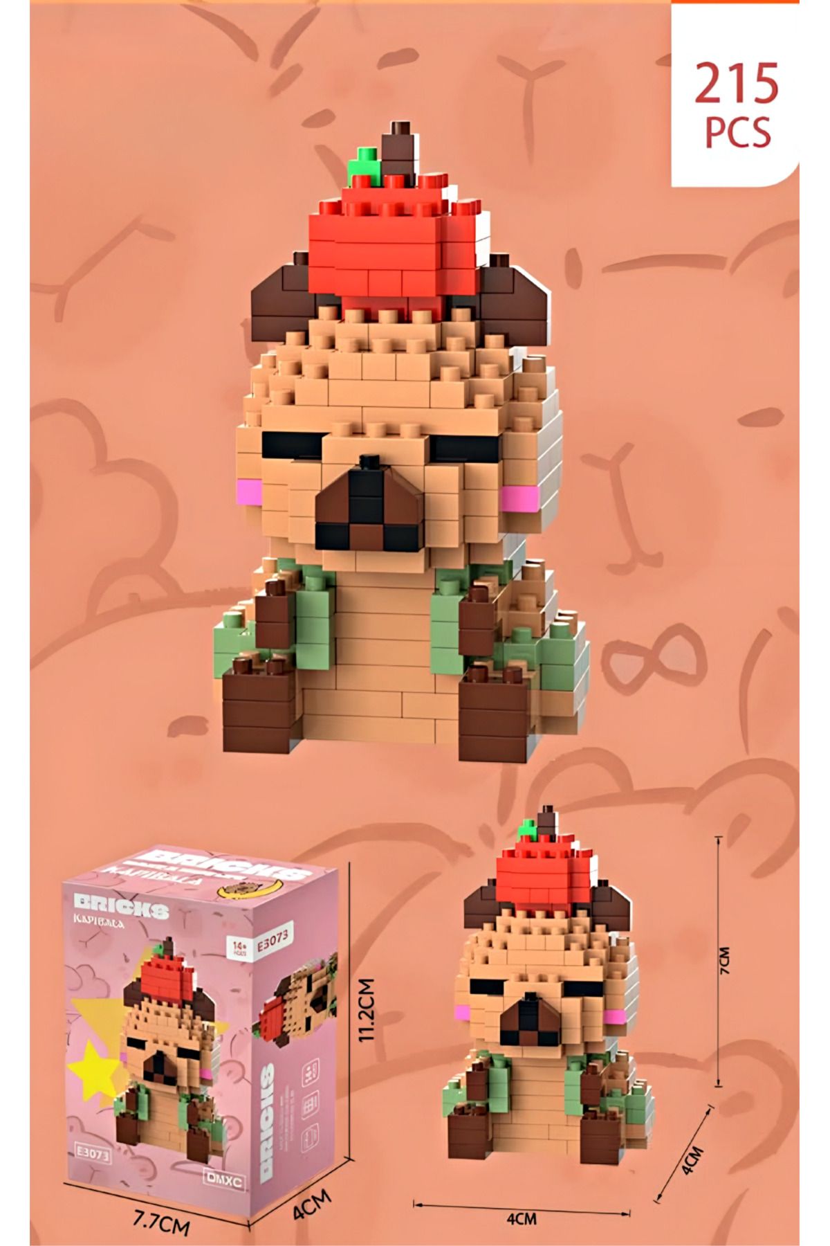 DEK Capybara Bricks Yapı Oyuncak Seti 215 Parça – Elma Şapkalı Sevimli Model (7 cm)