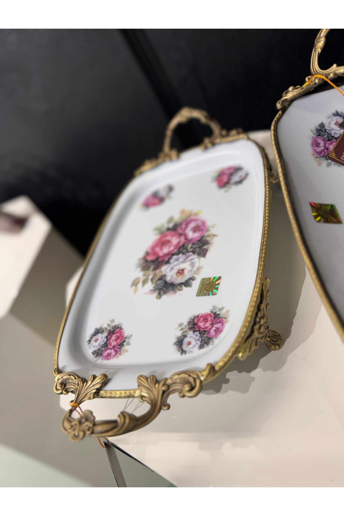 hediye ESTERHOMEDECOR Ayaklı sunum tabağı 39*21*7cm kulplu çiçekli sunumluk