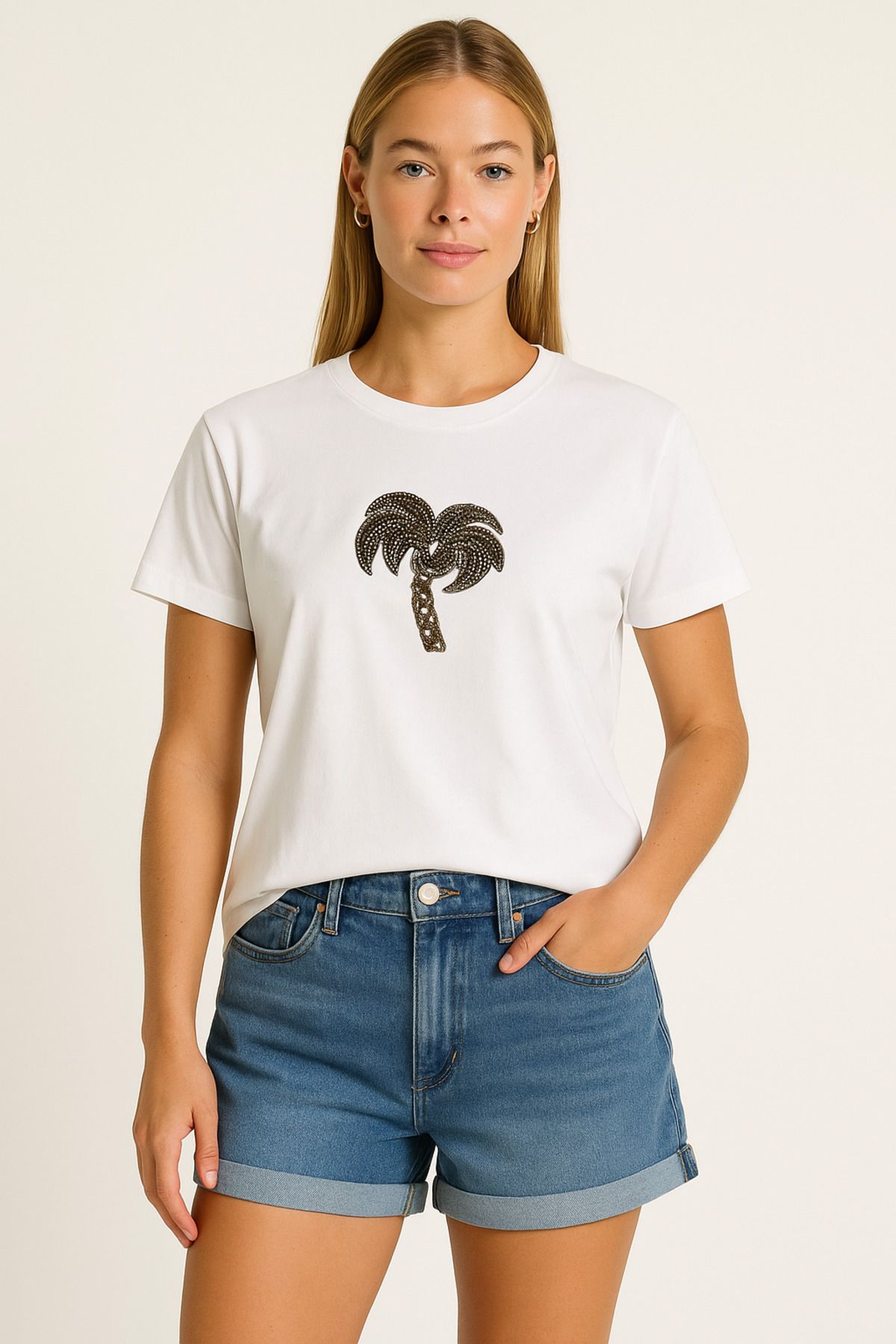 fashionlabstore Bisiklet Yaka Palmiye Taş Baskılı Tişört