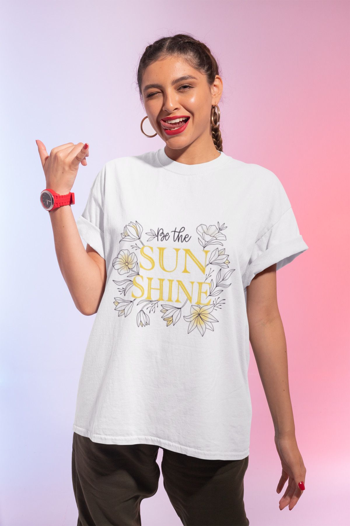 MAGORS SUNSHINE BASKILI BİSİKLET YAKA PAMUKLU OVERSIZE KALIP KISA KOLLU KADIN TSHIRT