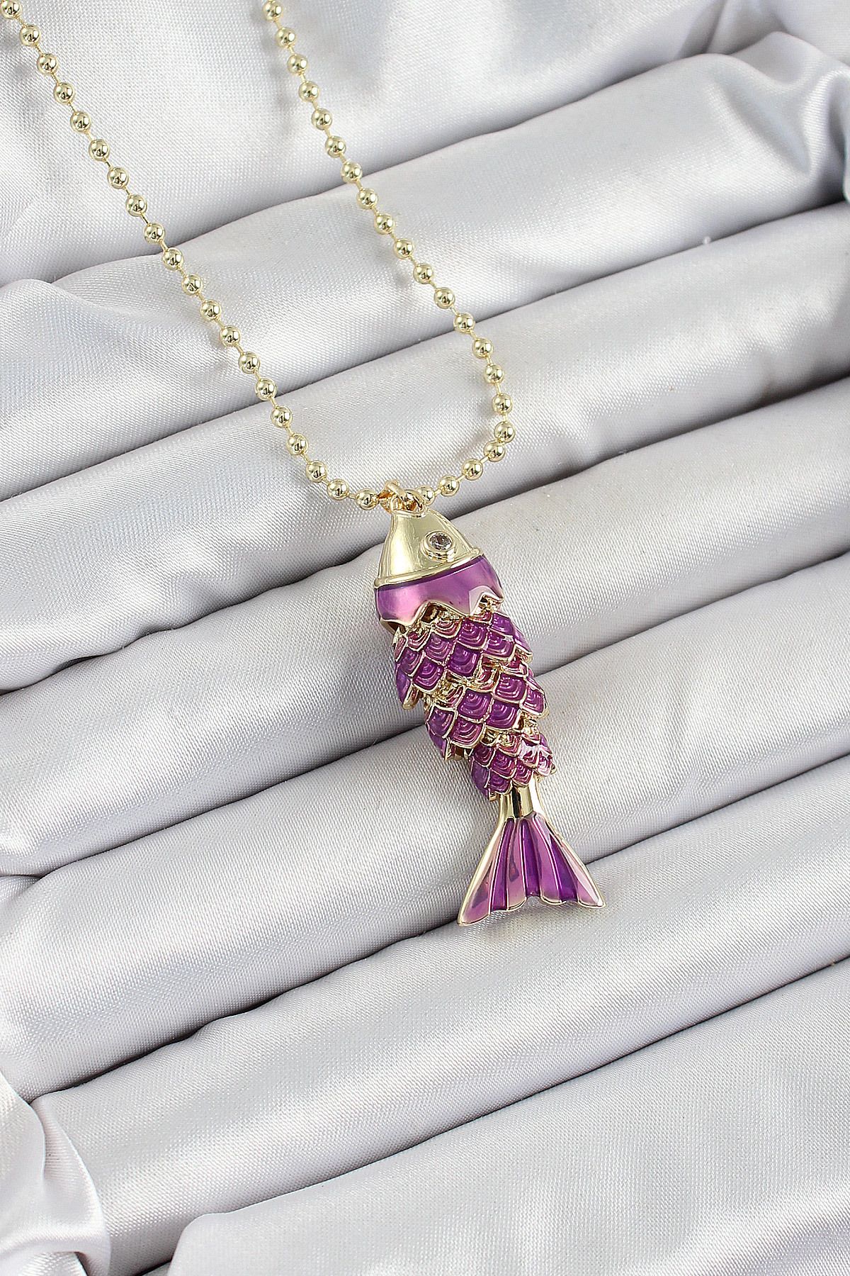 Angel Of Life Pirinç Mor Balık Model Zirkon Taşlı Gold Renk Kadın Kolye - TJ-BKO10242