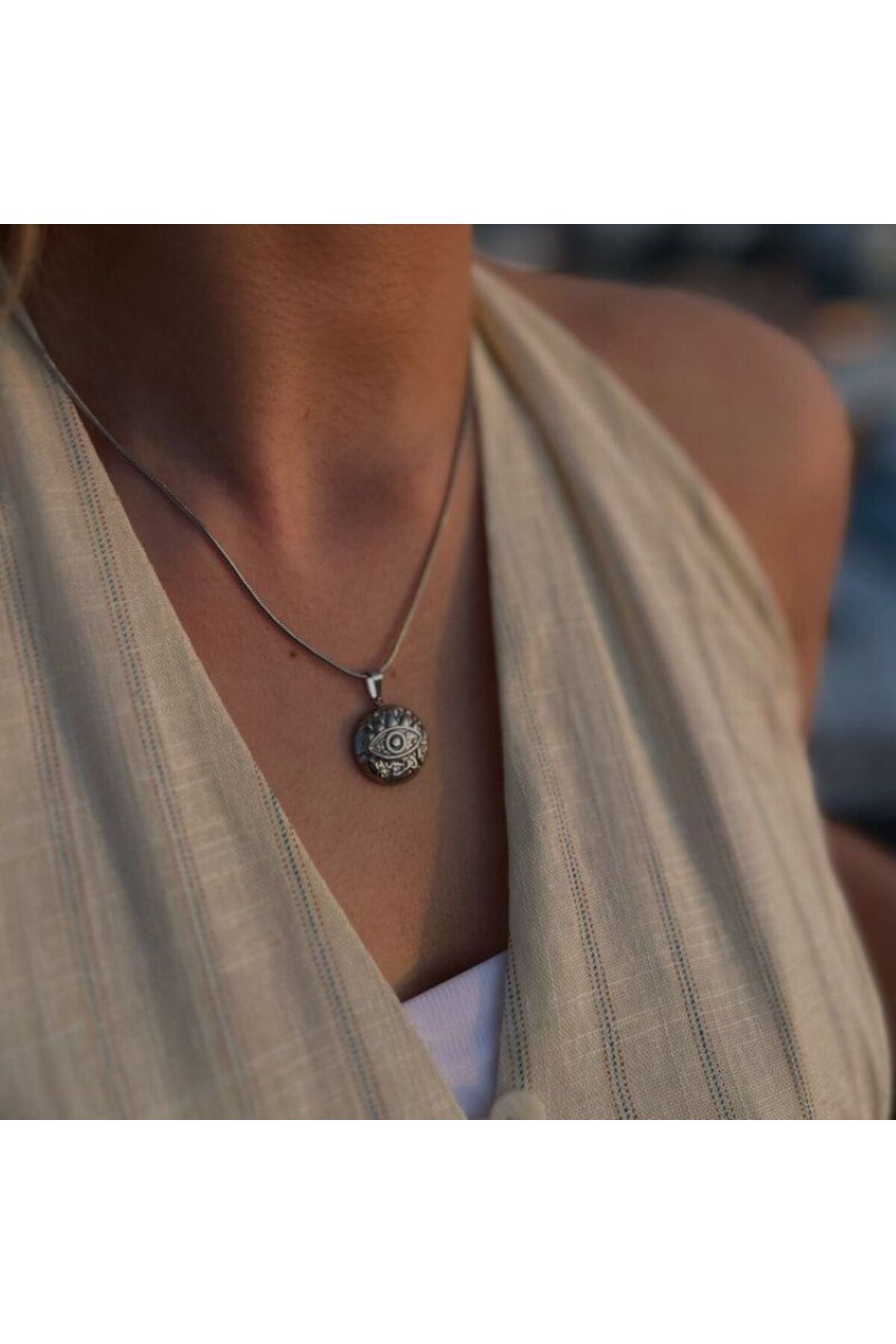 SHINELUC Çelik Silver Etnik Desen Göz Kolye