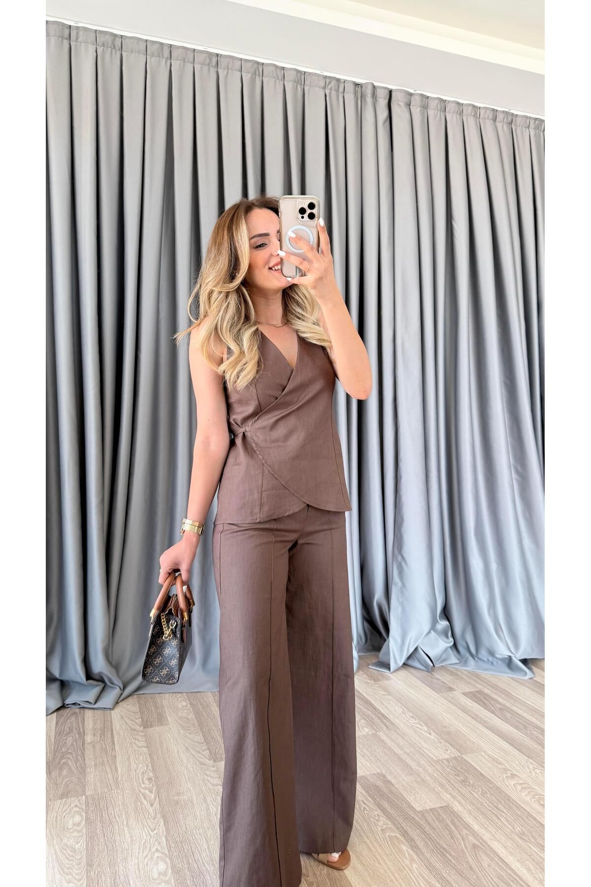 pelin yıldız butik Mary Kruvaze Bağlamalı Kemer Detaylı Pantolon Takım