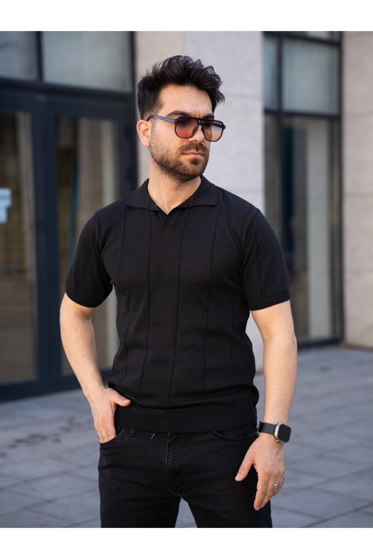 waymoda Way moda siyah hemşire yaka Triko erkek tişört