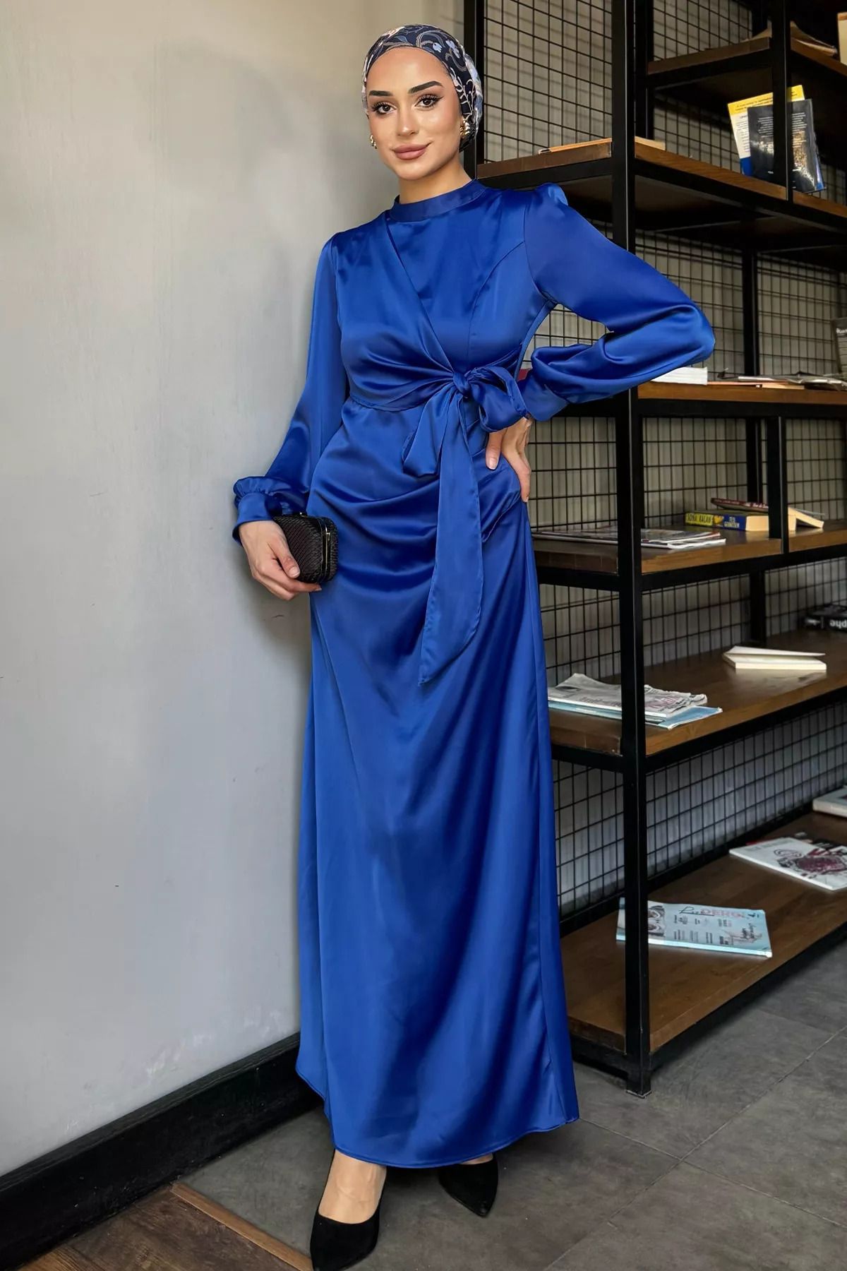 julude-Rochie de seară din satin Hijab cu drapele cu detaliu de legare laterală albastru saxofon 5