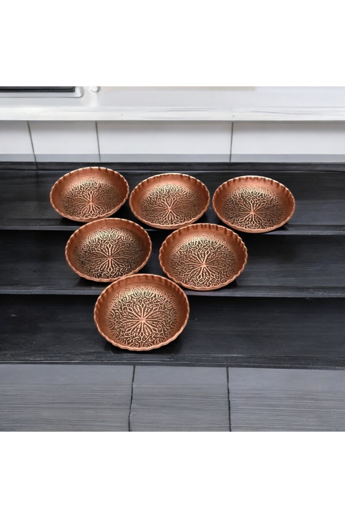 Bakır Center Bakır Kahvaltılık Bakır Çerezlik Kahvaltı Tabağı Oyma İşçilikli 11 CM Kahvaltı Tabağı 6 Lı Set