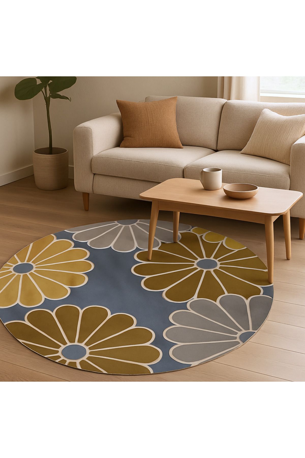 Rugs Modern Halı Leyla Koleksiyonu Sarı Gri Papatya Detaylı Yuvarlak Dokuma Taban Dekoratif Halı leyla73