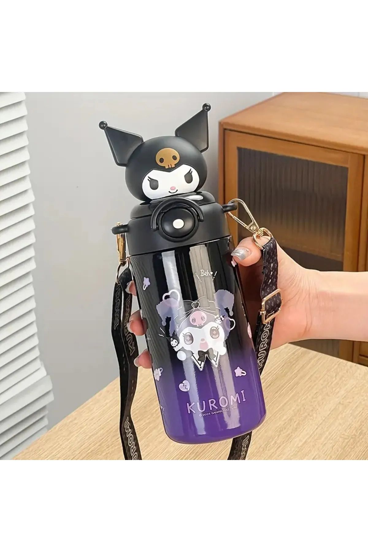 ada çanta kırtasiye Çocuk termos paslanmaz çelik Kuromi figürlü pipetli askılı 600ml AD71498