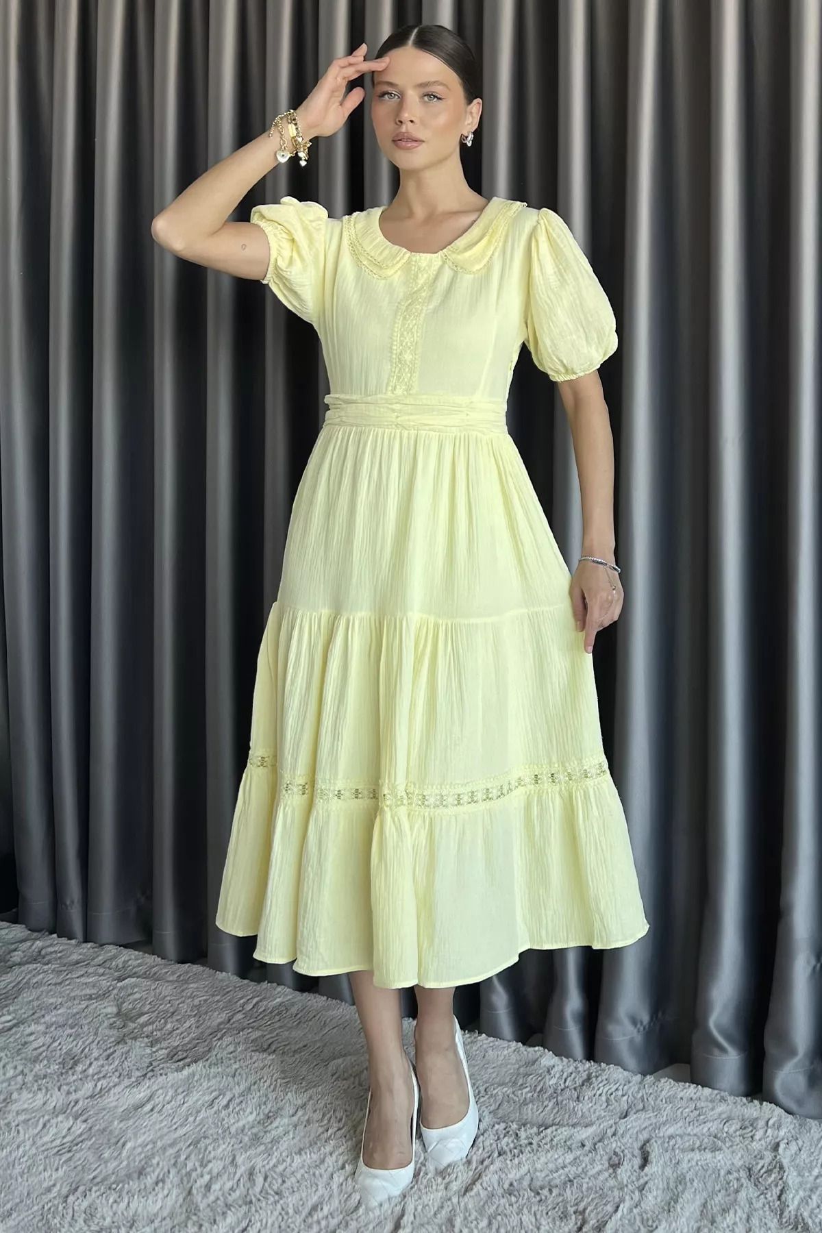GÜLSELİ Sarı Kadın Bebe Yaka Dantel İşleme Detaylı Bel Lastikli Elbise