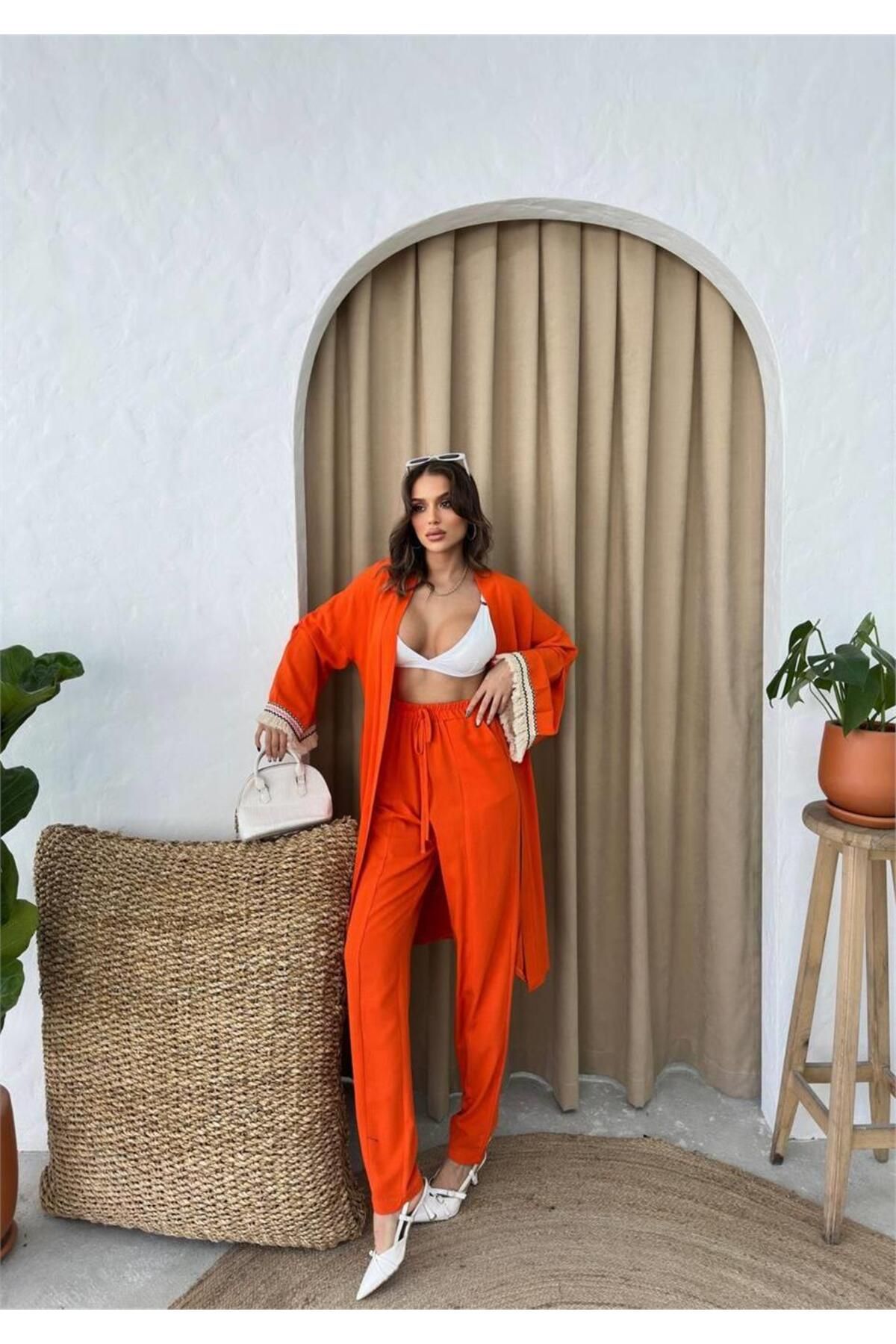 MAGGAZA KOLUCU PÜSKÜL KİMONO TAKIM - Orange