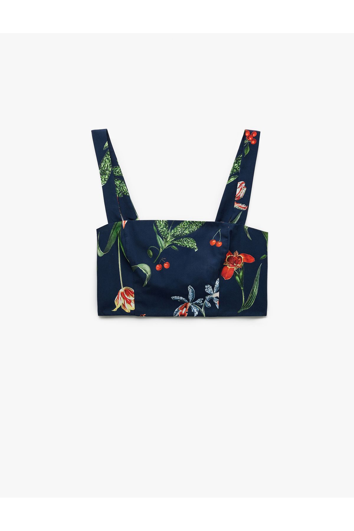 Koton Pamuklu Poplin Kumaş Slim Fit Kare Yaka Askılı Kiraz Baskılı Çiçekli Crop Büstiyer