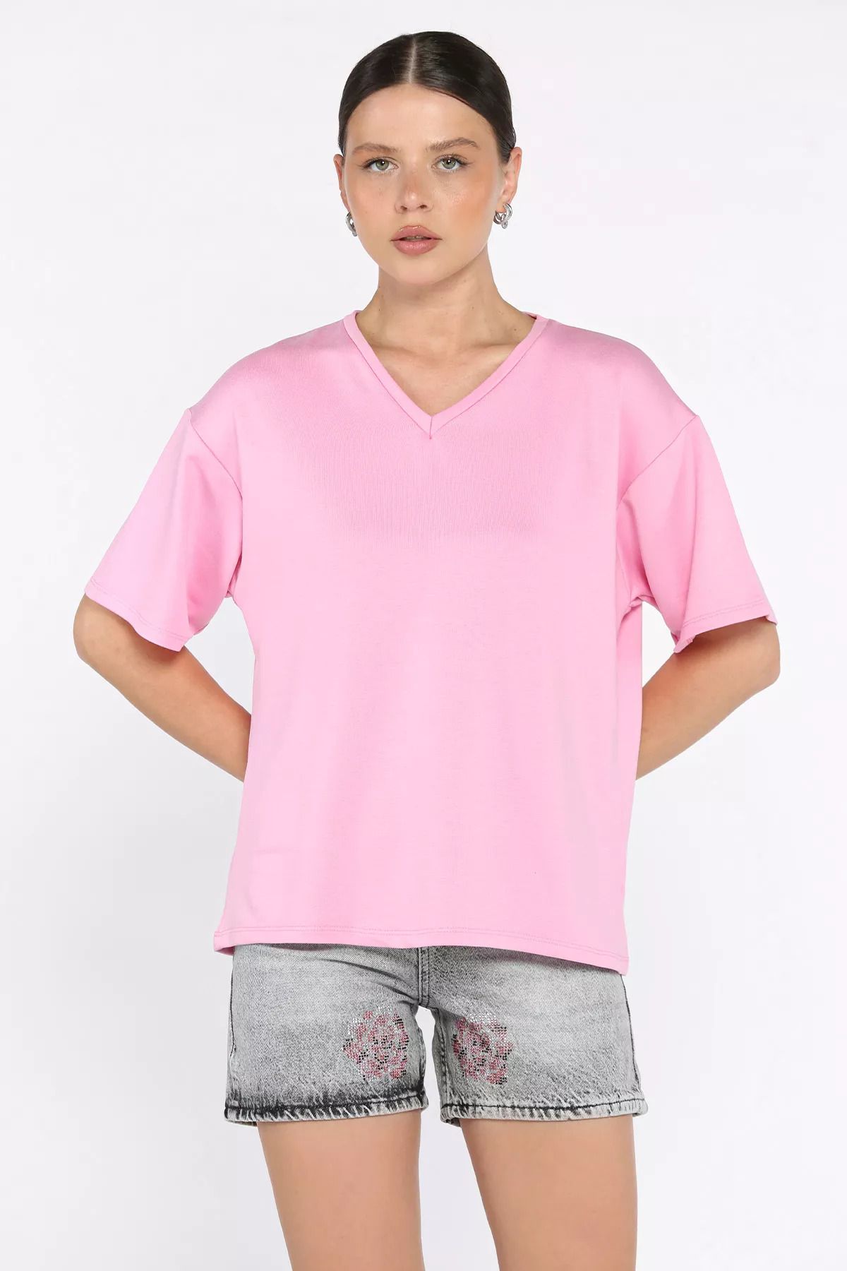 GÜLSELİ Pembe Kadın V Yaka Basic Tişört