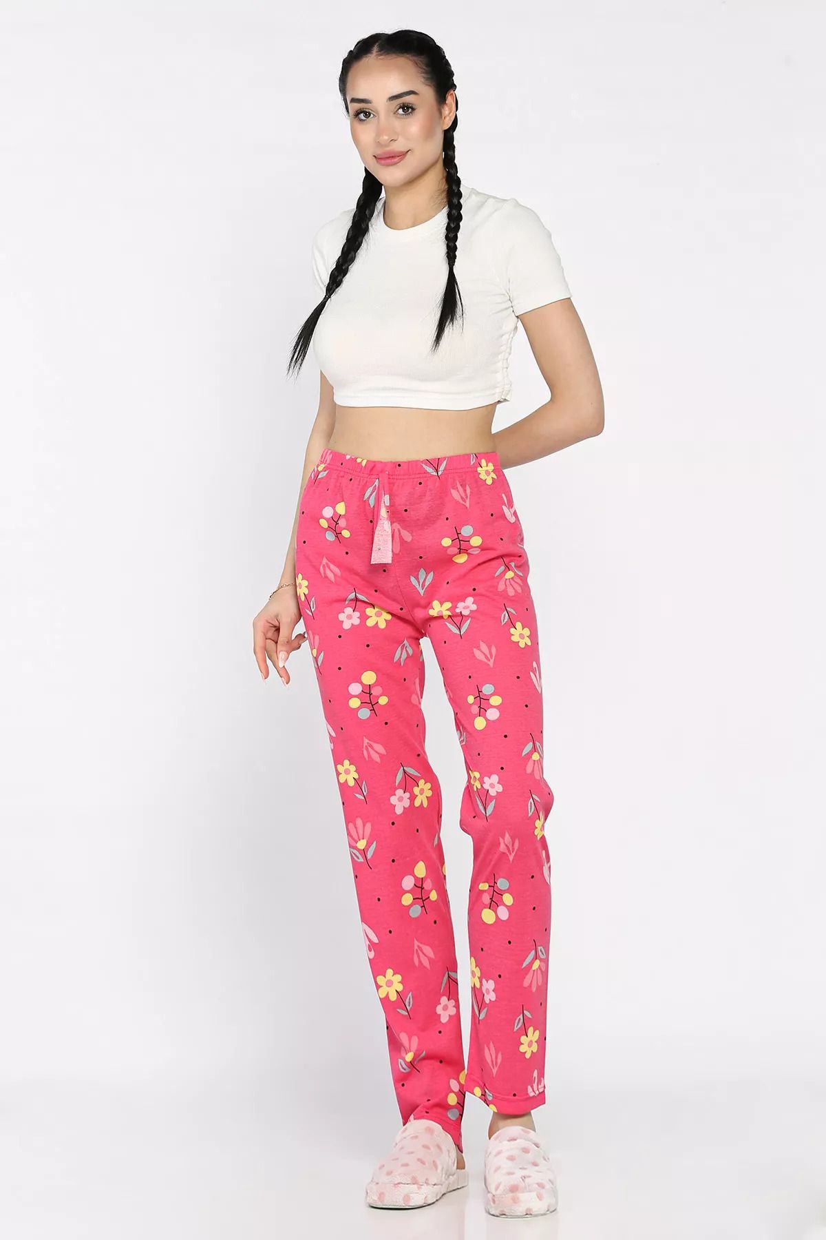 GÜLSELİ Fuşya Kadın Çiçek Baskılı Bel Lastikli Pijama Altı