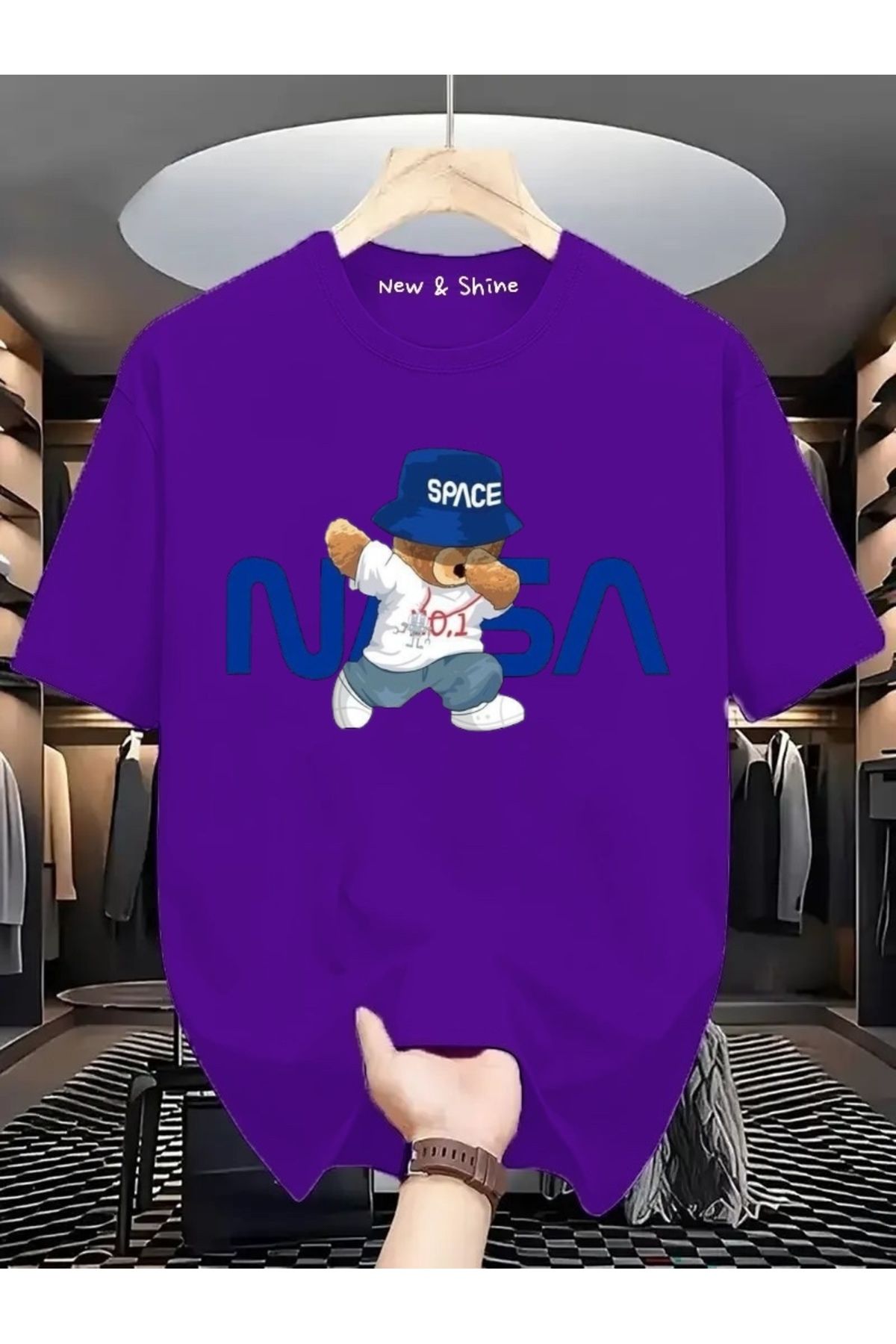 New Shine Nasa Space Ayı Baskılı Oversize T-Shirt