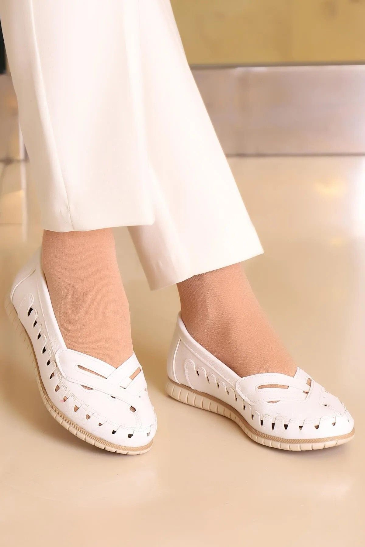 KAOF SHOES Kadın Beyaz Hakiki Deri Babet Ayakkabı Anne Ayakkabısı Klasik Ayakkabı Casual Günlük Ayakkabı