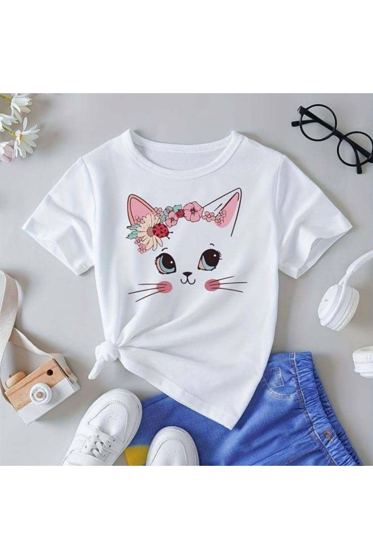 aynewmoda Kız Baskılı Kısa Kollu Yuvarlak Yaka Tişört Kedi Baskılı