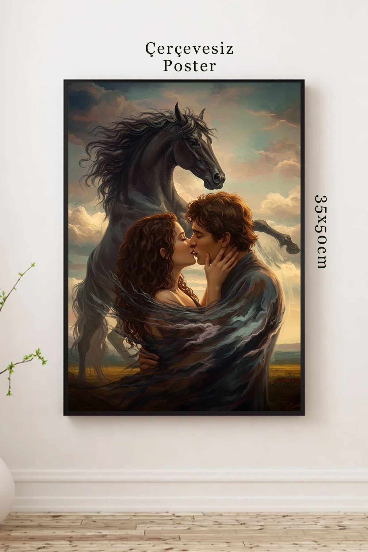 DARK AND BRIGHT "Özgür Ruhların Aşkı Posteri | Şahlanan At ve Romantik Çift Sanatsal Duvar Tablosu 35x50 cm"