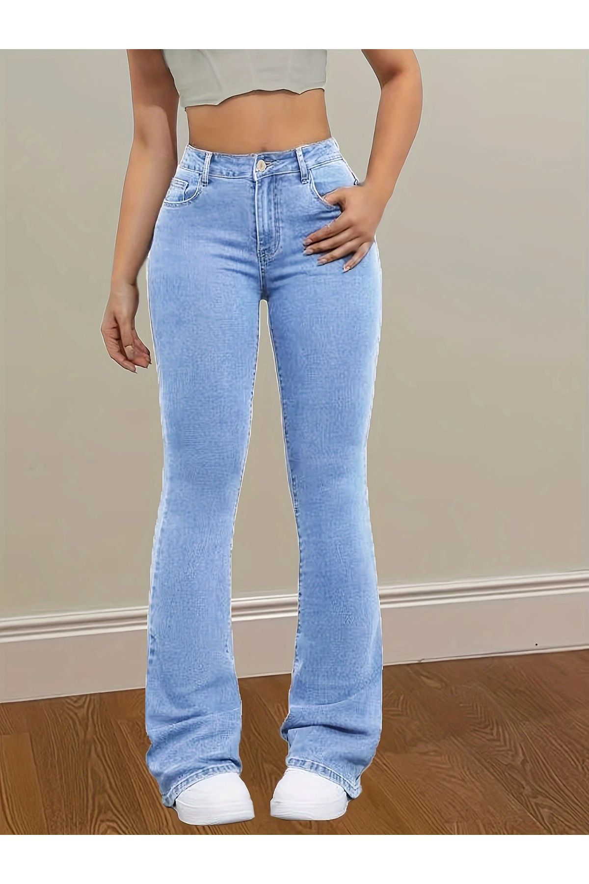 aynewmoda Kadın Geniş Paça Streç Pantolon - Düğme detaylı şık düz renk uzun pantolon,