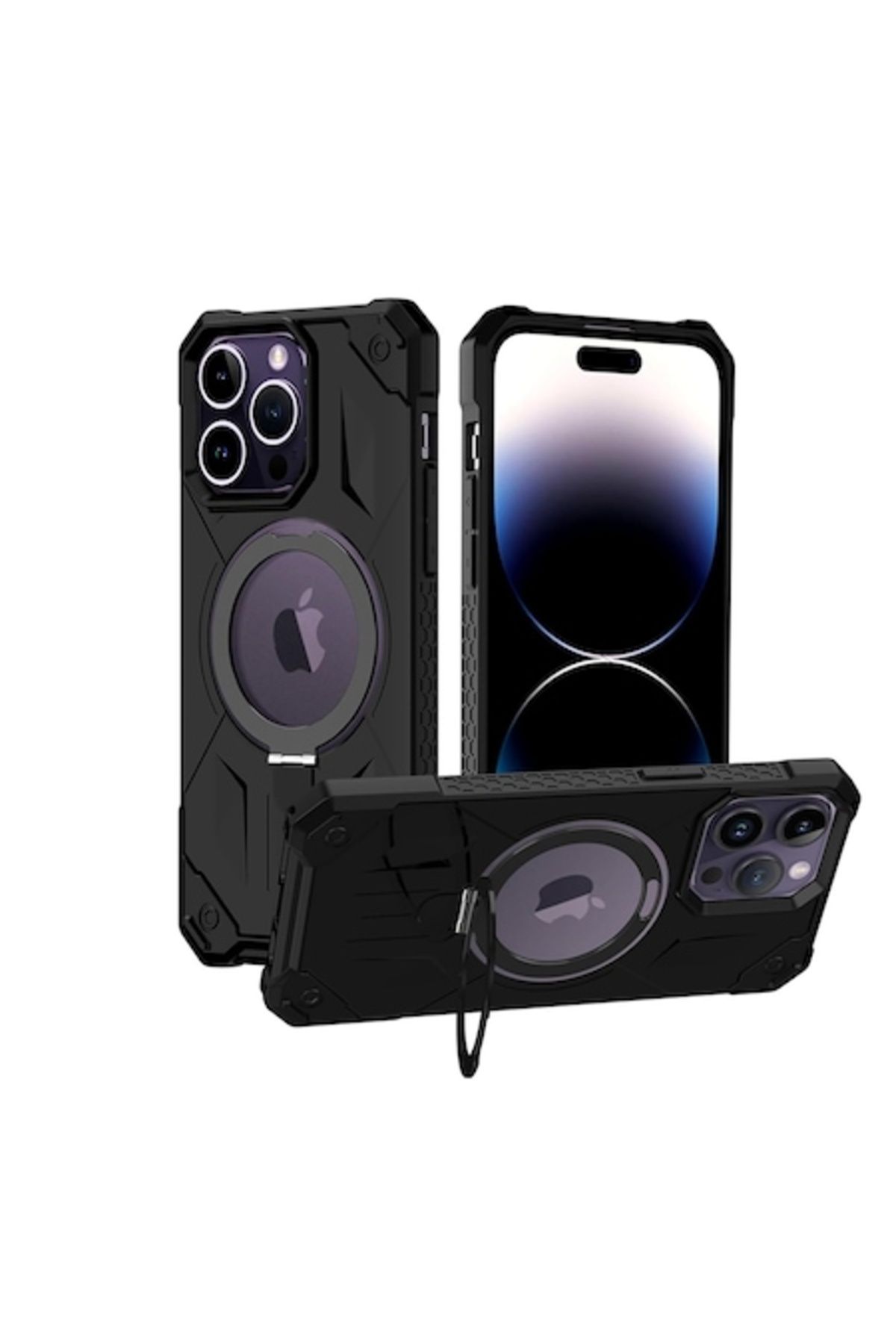 Gtech-G-Tech Ring Stand Case, Compatible with Apple iPhone 14 Plus, Defender Shockproof, Magsafe, Black 1