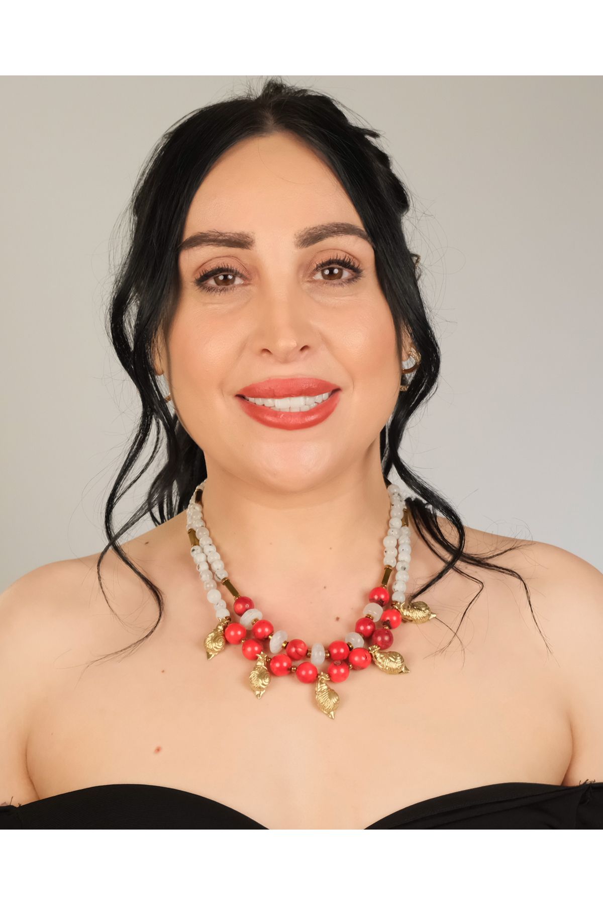 polimooi Mercan & Rutil Kuvars ve Bronz Kolye Uçlu Kolye