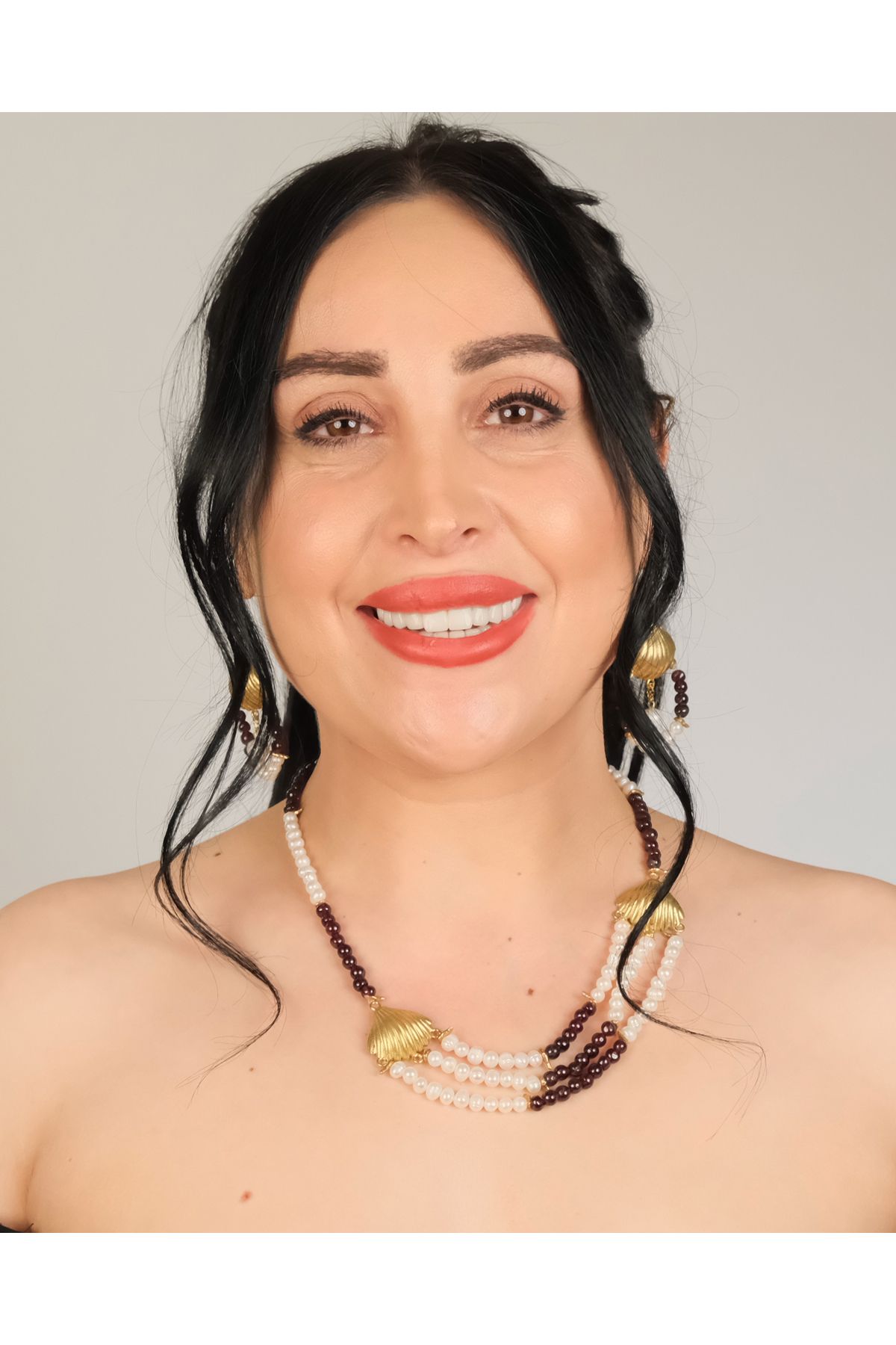 polimooi Lal(Garnet) & İnci Kabuk Kolye