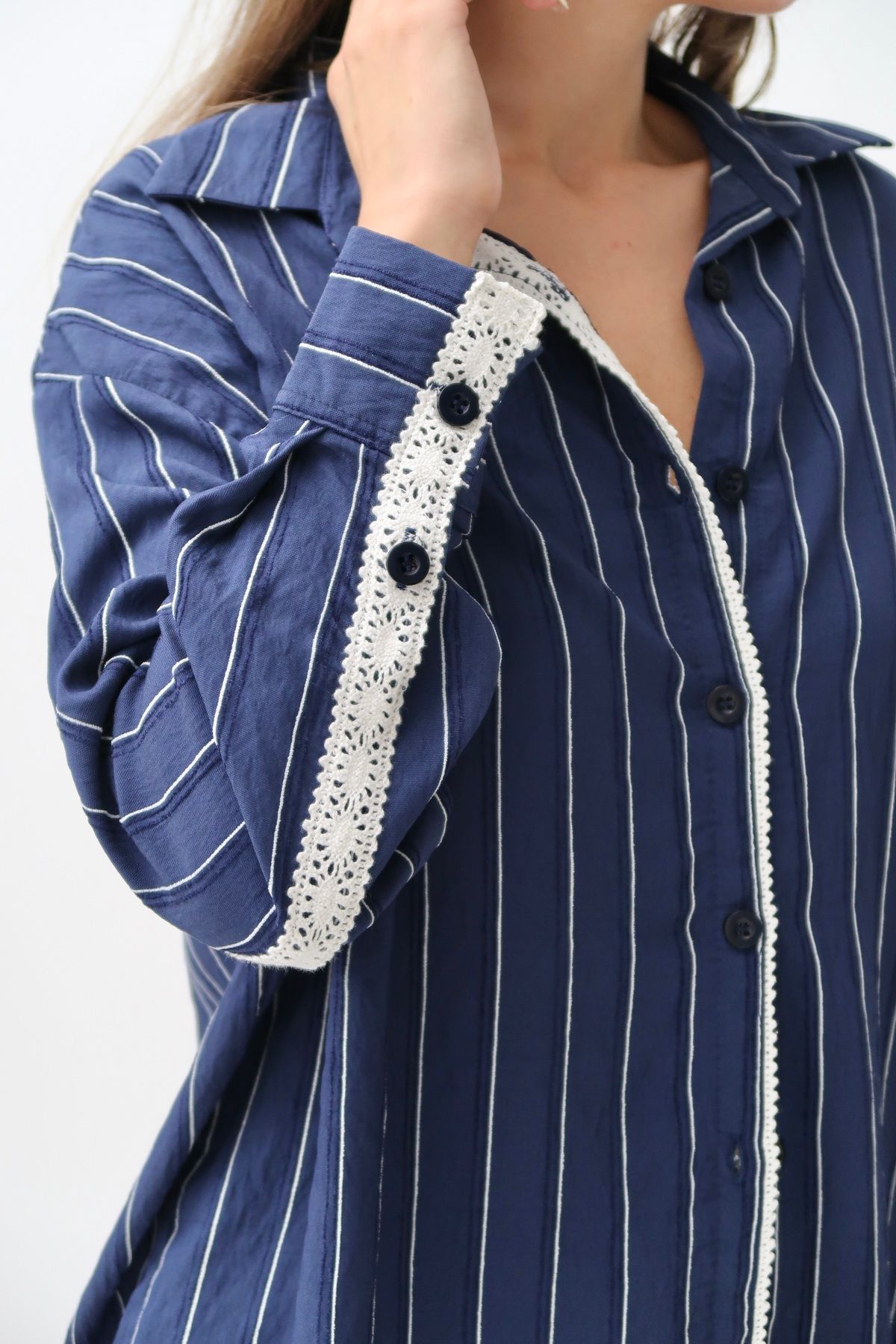 Paw Garage KOPYA - Kadın Monroe Dantel İşlemeli Yazlık Gömlek, Dokuma Modal Kumaş Oversize Gömlek