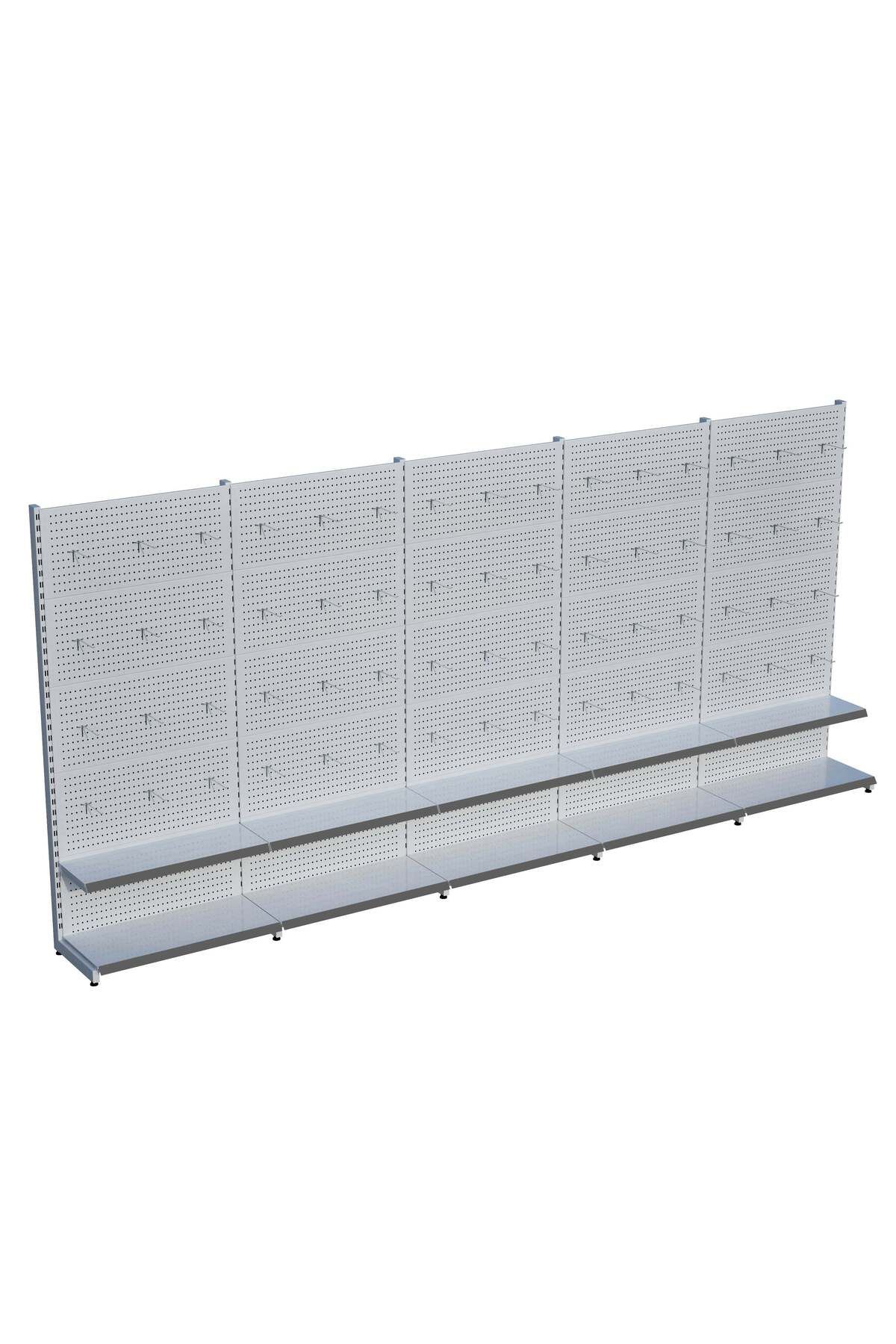 Raffar Beyaz Market Petshop Kırtasiye Rafı Hırdavat Rafı D30CMxG400CMxH220CM Beyaz Delikli Pano + Kancalı R