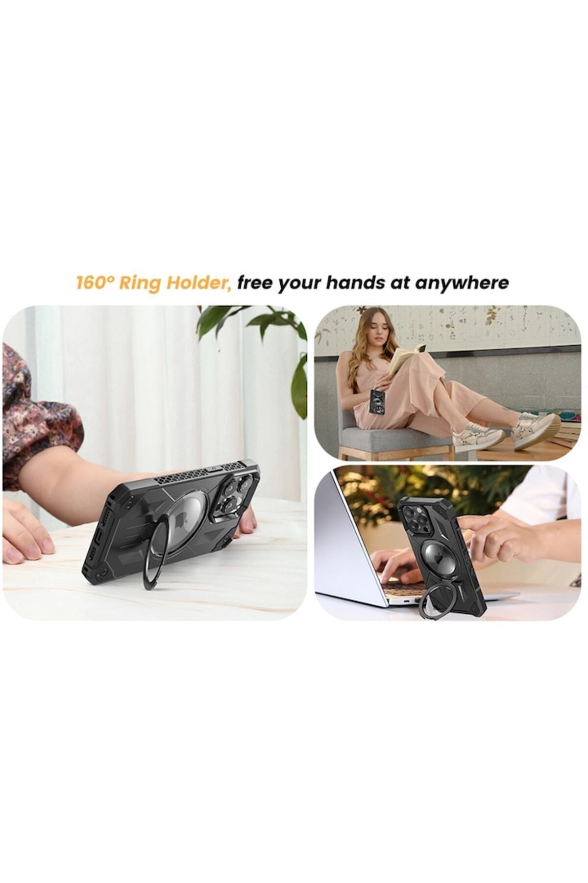 Gtech-G-Tech Ring Stand Case, Compatible with Apple iPhone 14 Plus, Defender Shockproof, Magsafe, Black 3