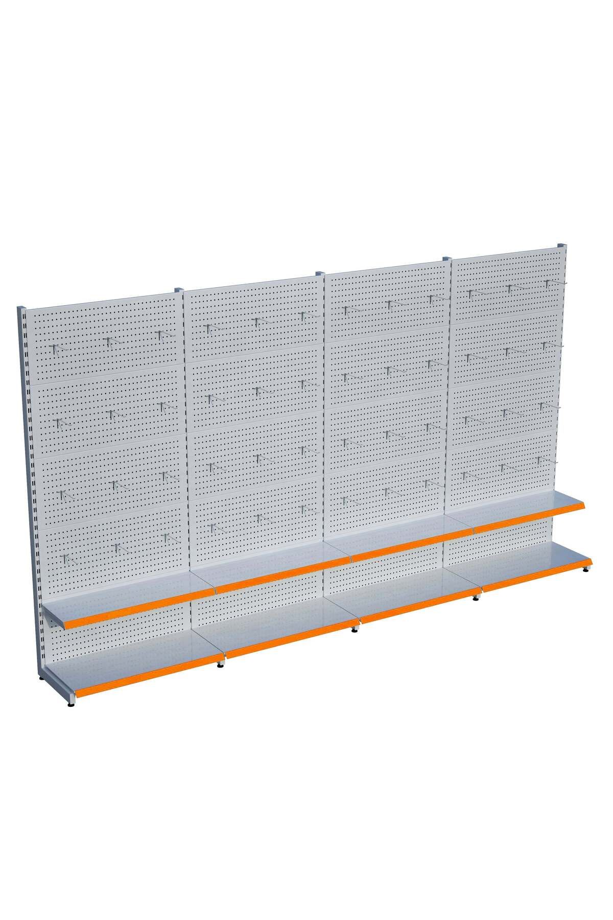 Raffar Beyaz Market Petshop Kırtasiye Rafı Hırdavat Rafı D30CMxG280CMxH220CM Beyaz Delikli Pano + Kancalı R
