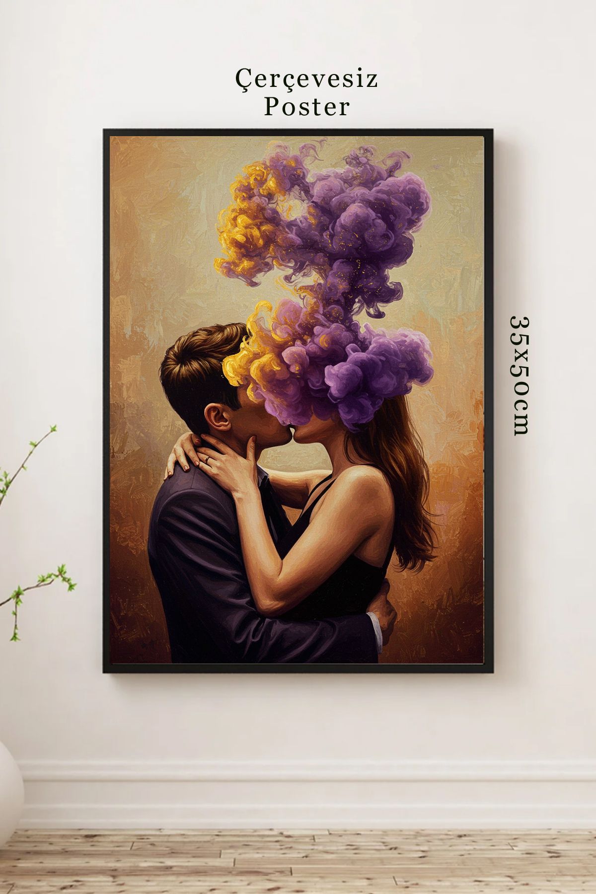 DARK AND BRIGHT "Romantik Aşk Posteri | Öpüşen Çift Renkli Duman Modern Sanatsal Duvar Dekoru Çerçevesiz 35x50"
