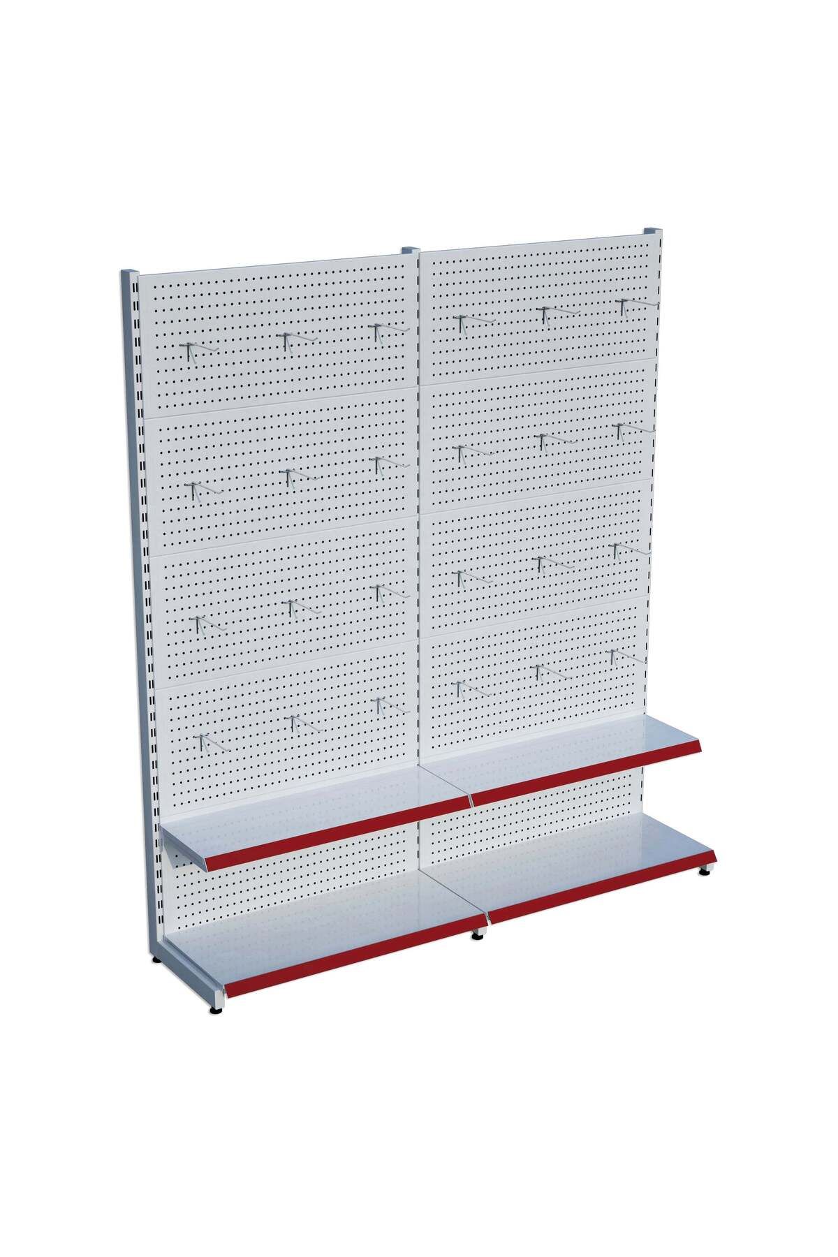 Raffar Beyaz Market Petshop Kırtasiye Rafı Hırdavat Rafı D30CMxG160CMxH220CM Beyaz Delikli Pano + Kancalı R