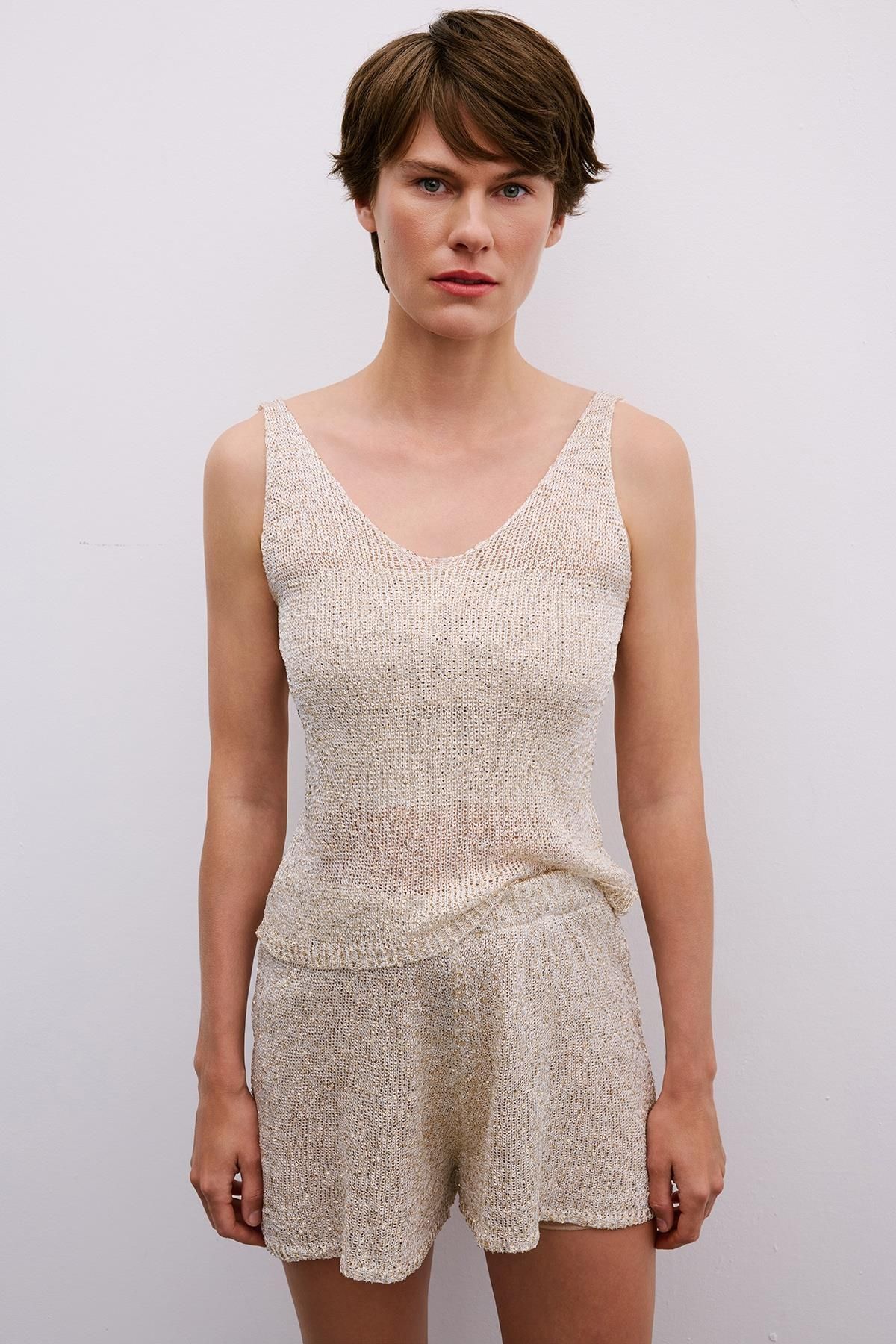 Rue Studio-Gold Sequined Lined Mini Ecru Shorts 5