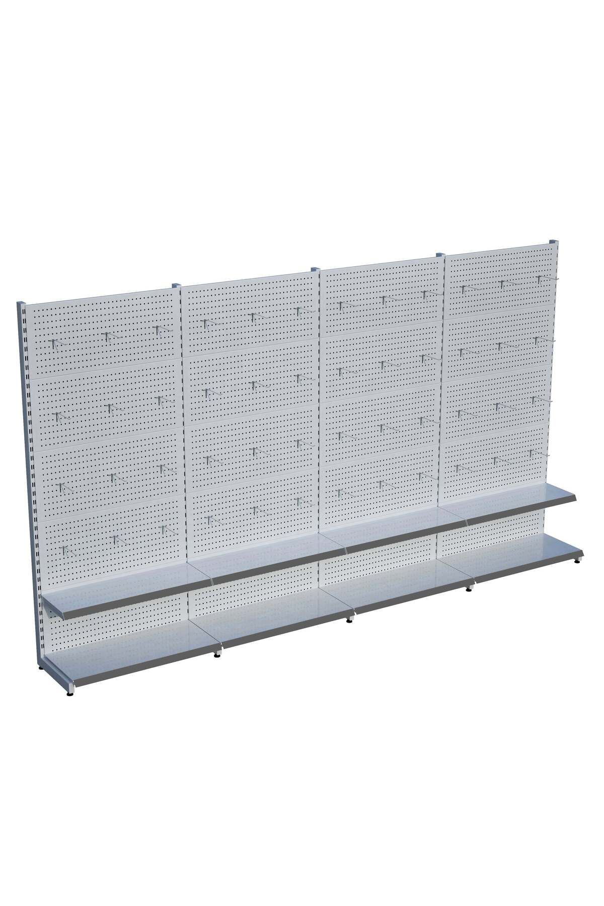 Raffar Beyaz Market Petshop Kırtasiye Rafı Hırdavat Rafı D30CMxG320CMxH220CM Beyaz Delikli Pano + Kancalı R